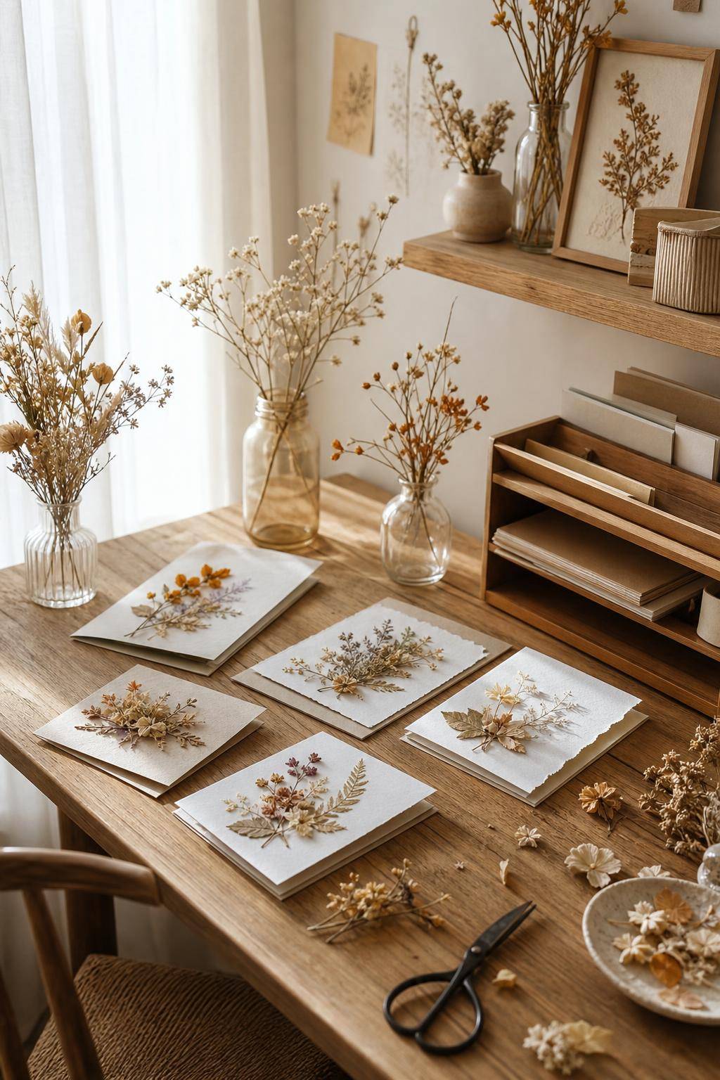 Ideen für Trockenblumen-Deko- Klebe Blüten auf handgeschriebene Karten