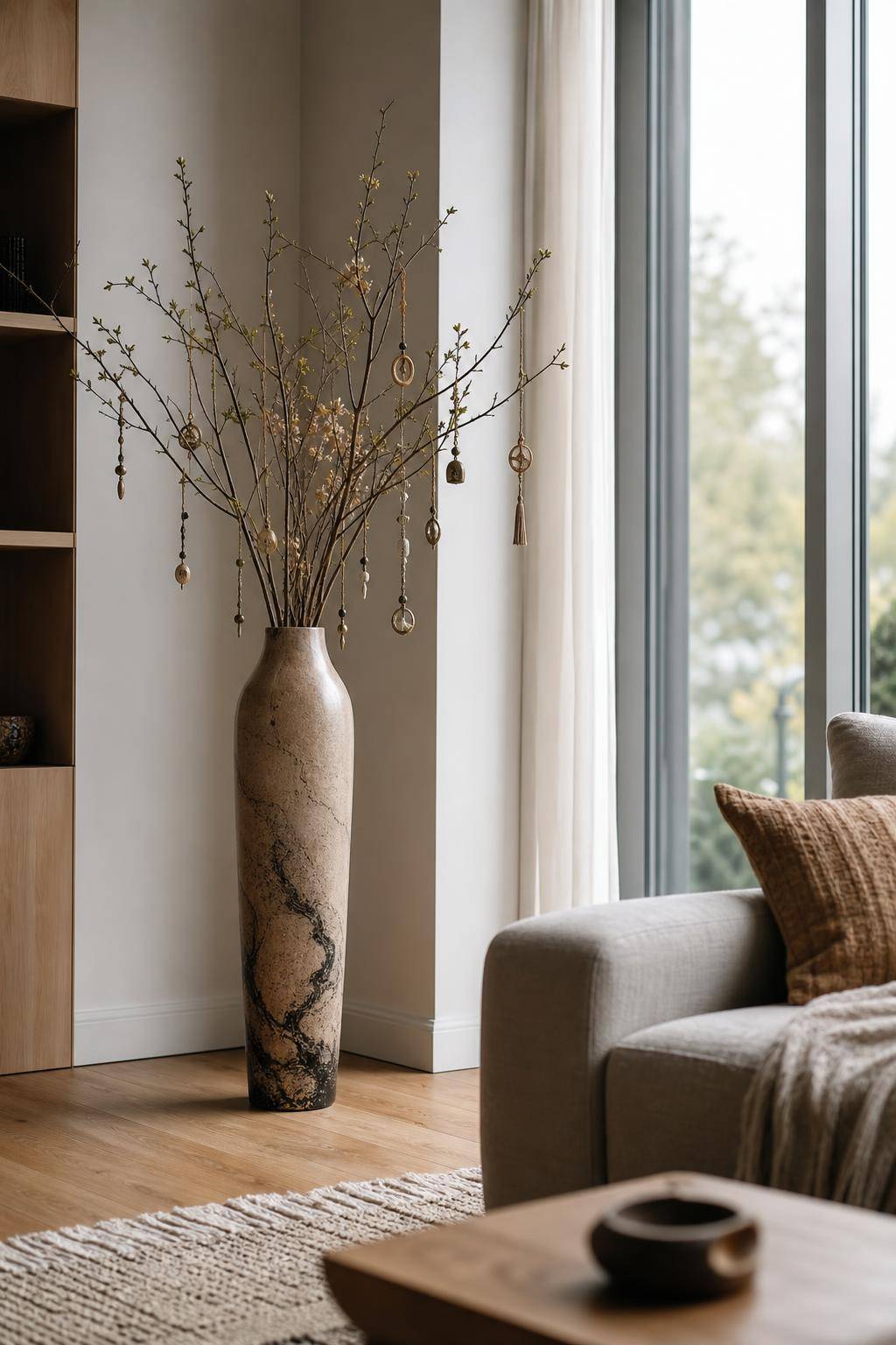 Ideen und Inspiration: Bodenvase dekorieren- Hänge kleine Charms oder Anhänger an Zweigen auf