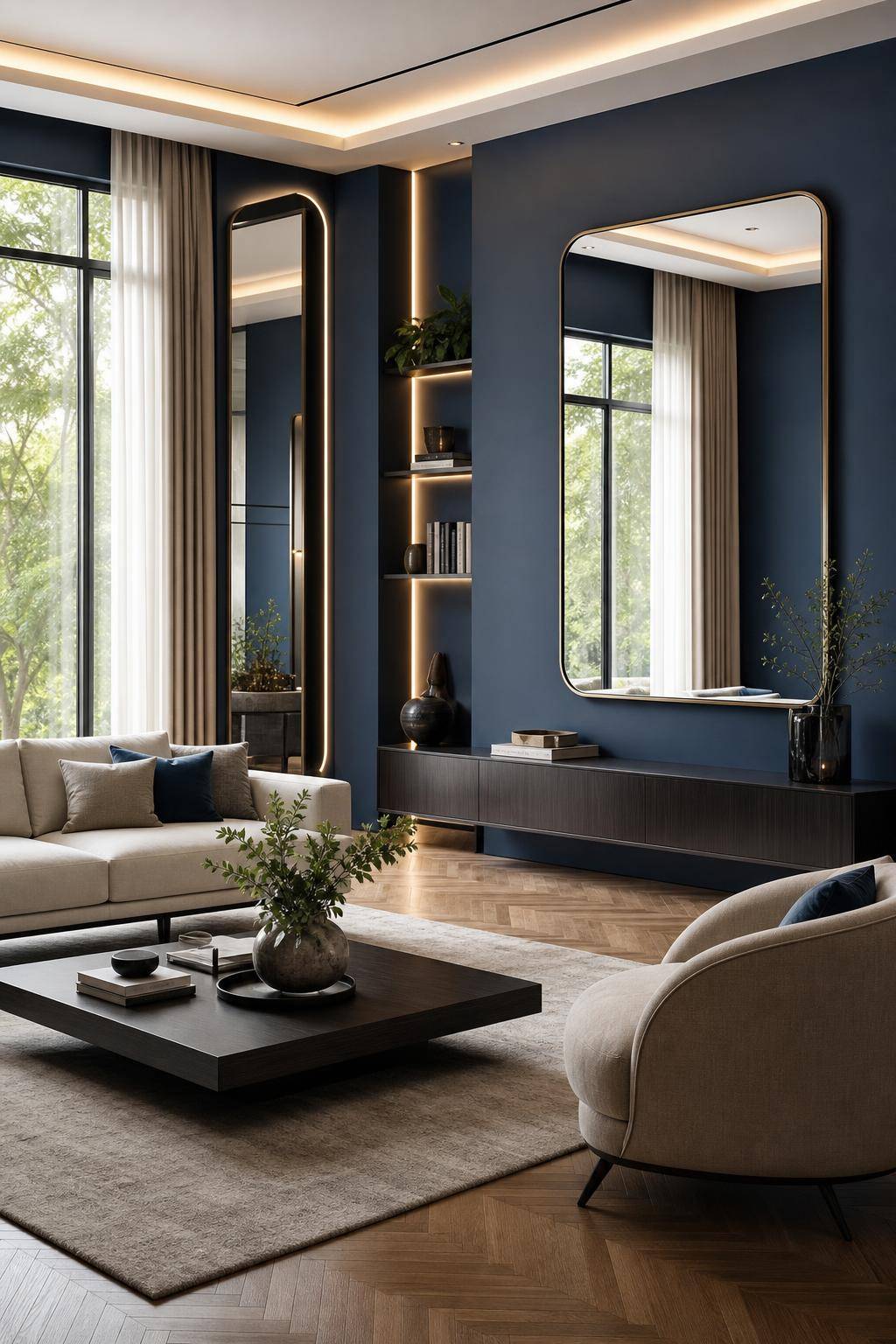 Ideen und Inspiration: Wandfarbe Blau- Hänge große Spiegel vor blaue Wände für Tiefe