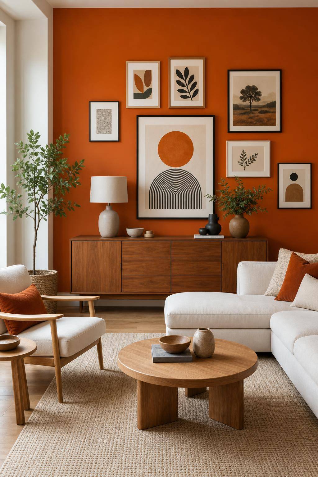 Ideen und Inspiration: Wandfarbe Orange- Arrangiere Kunstwerke auf oranger Wand besonders