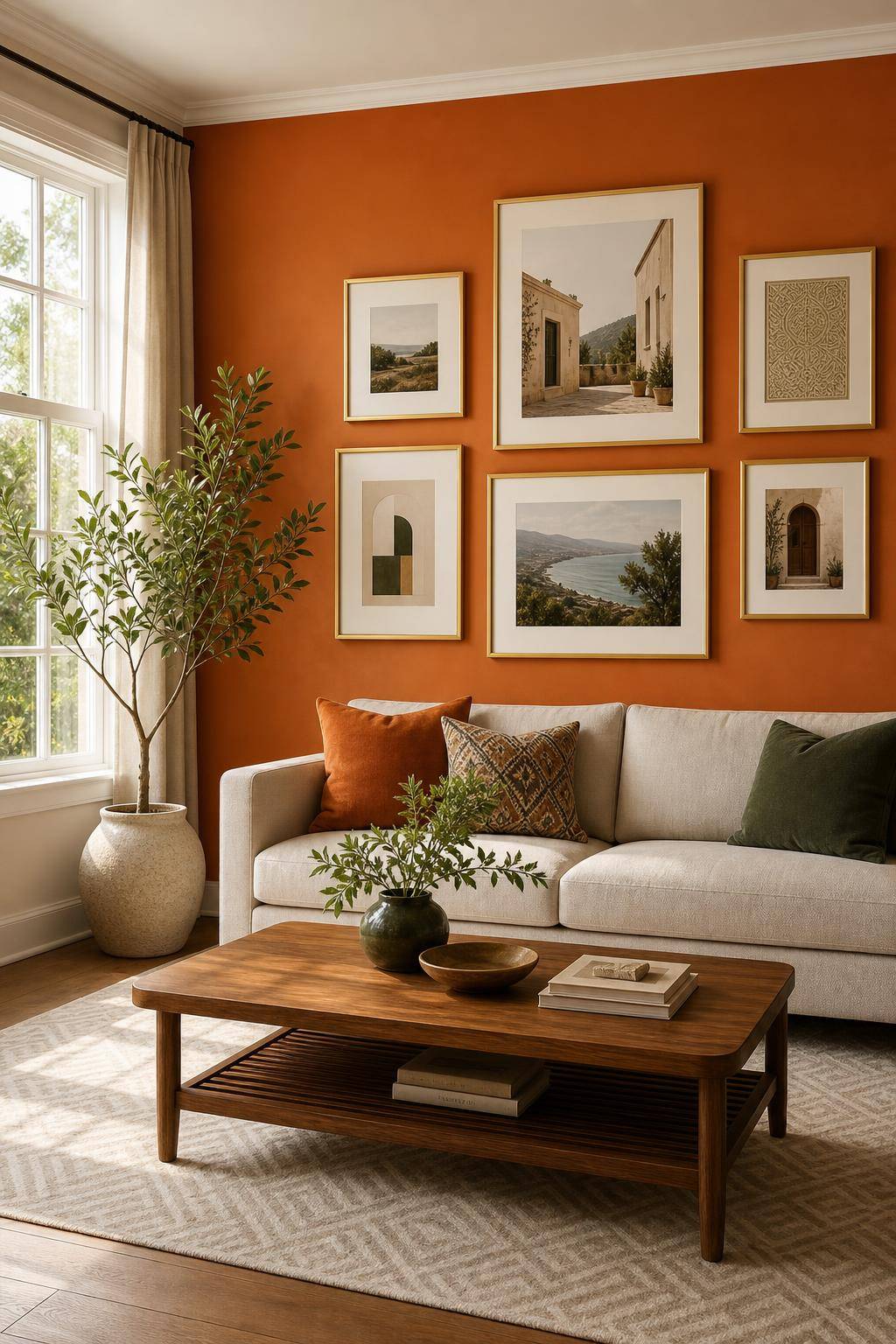 Ideen und Inspiration: Wandfarbe Orange- Ergänze Orange mit goldenen Bilderrahmen