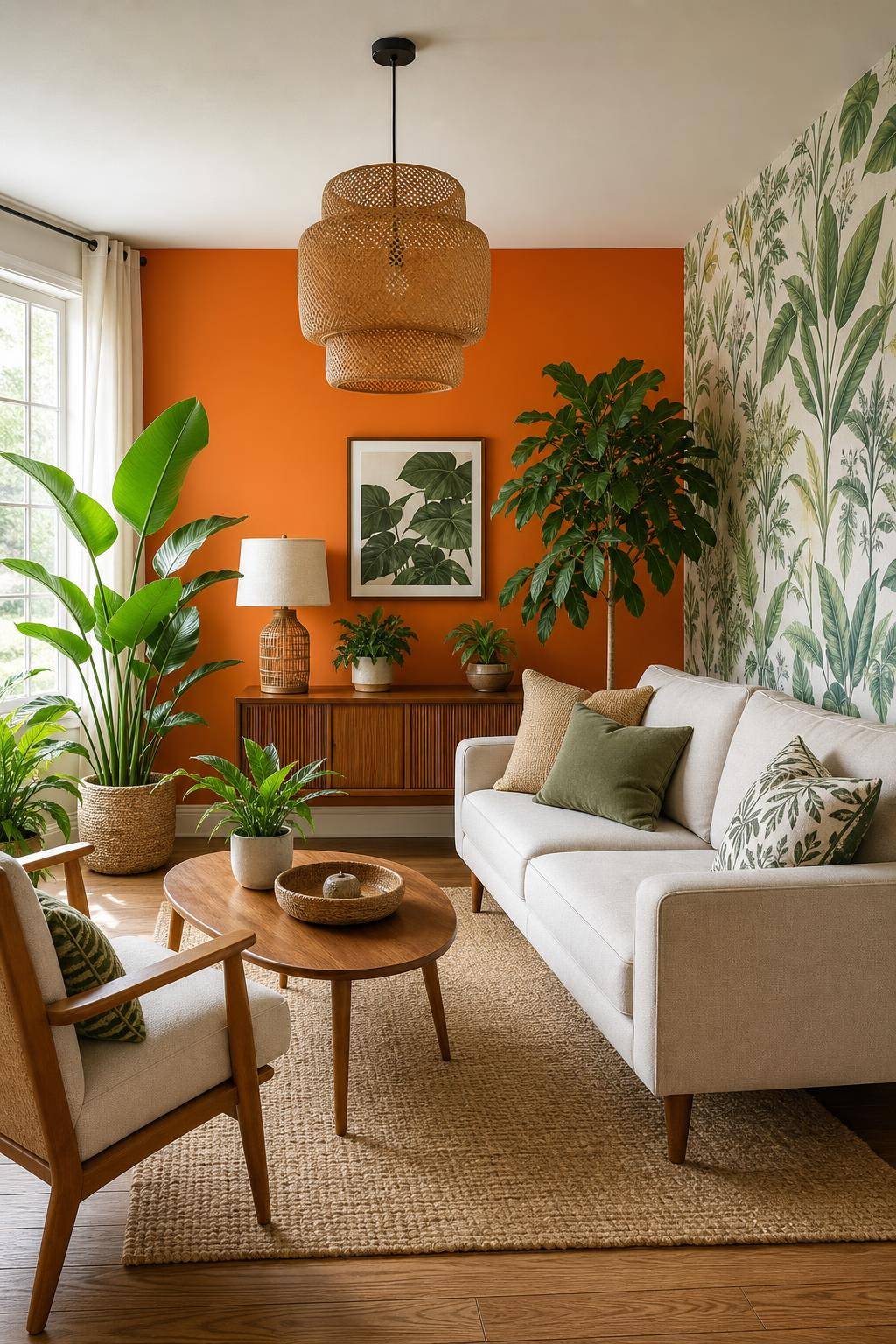 Ideen und Inspiration: Wandfarbe Orange- Verbinde Orange mit botanischen Prints für Frische
