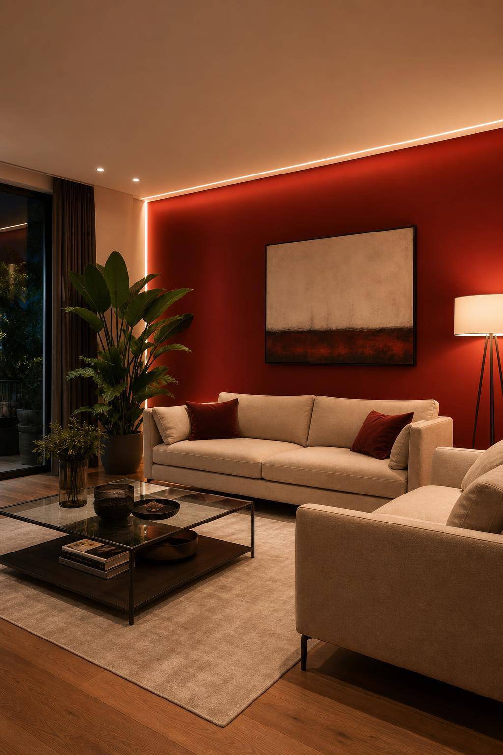 Ideen und Inspiration: Wandfarbe Rot- Betone rote Wände durch dezente Beleuchtung