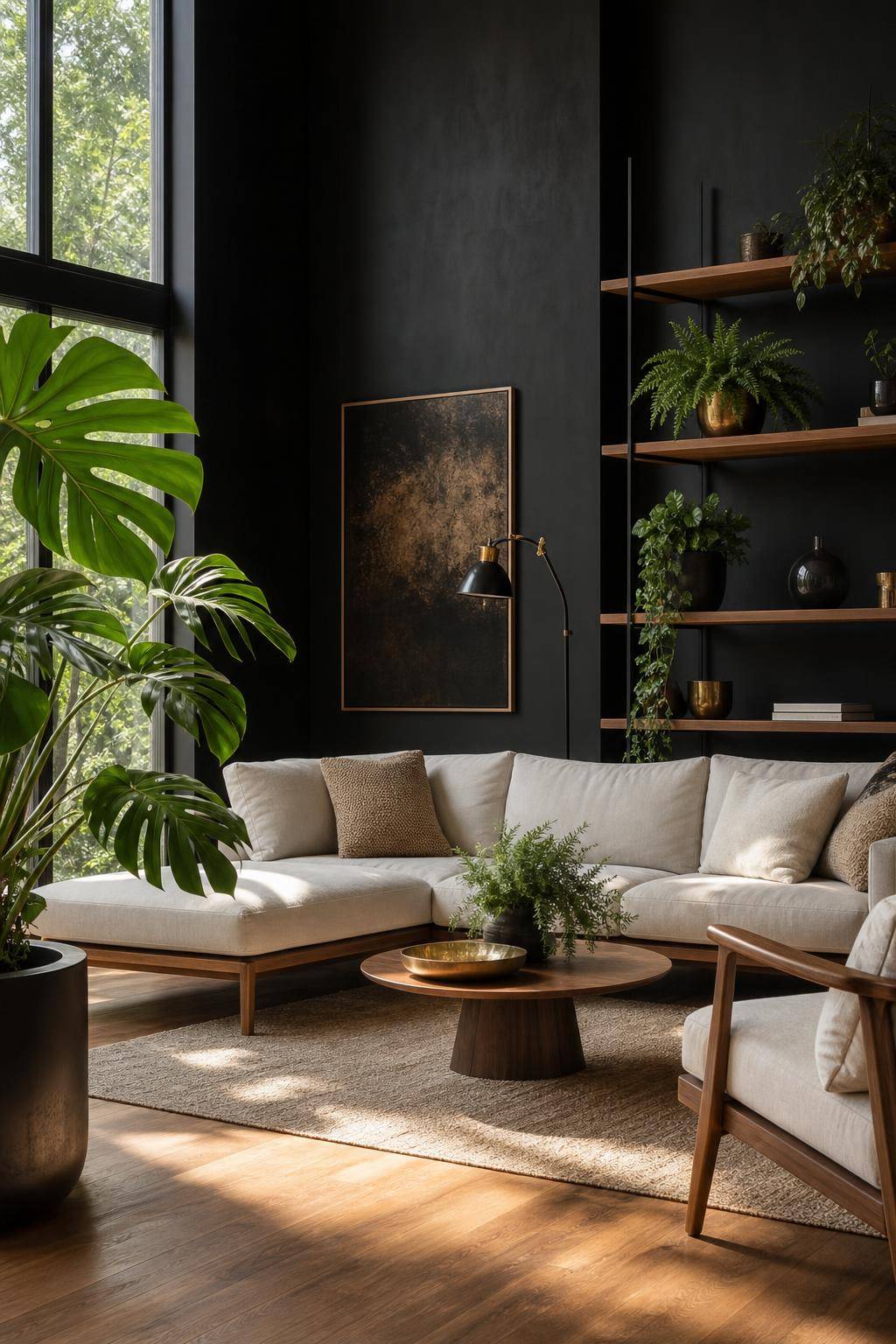 Ideen und Inspiration: Wandfarbe Schwarz- Dekoriere mit Pflanzen für frische Kontraste