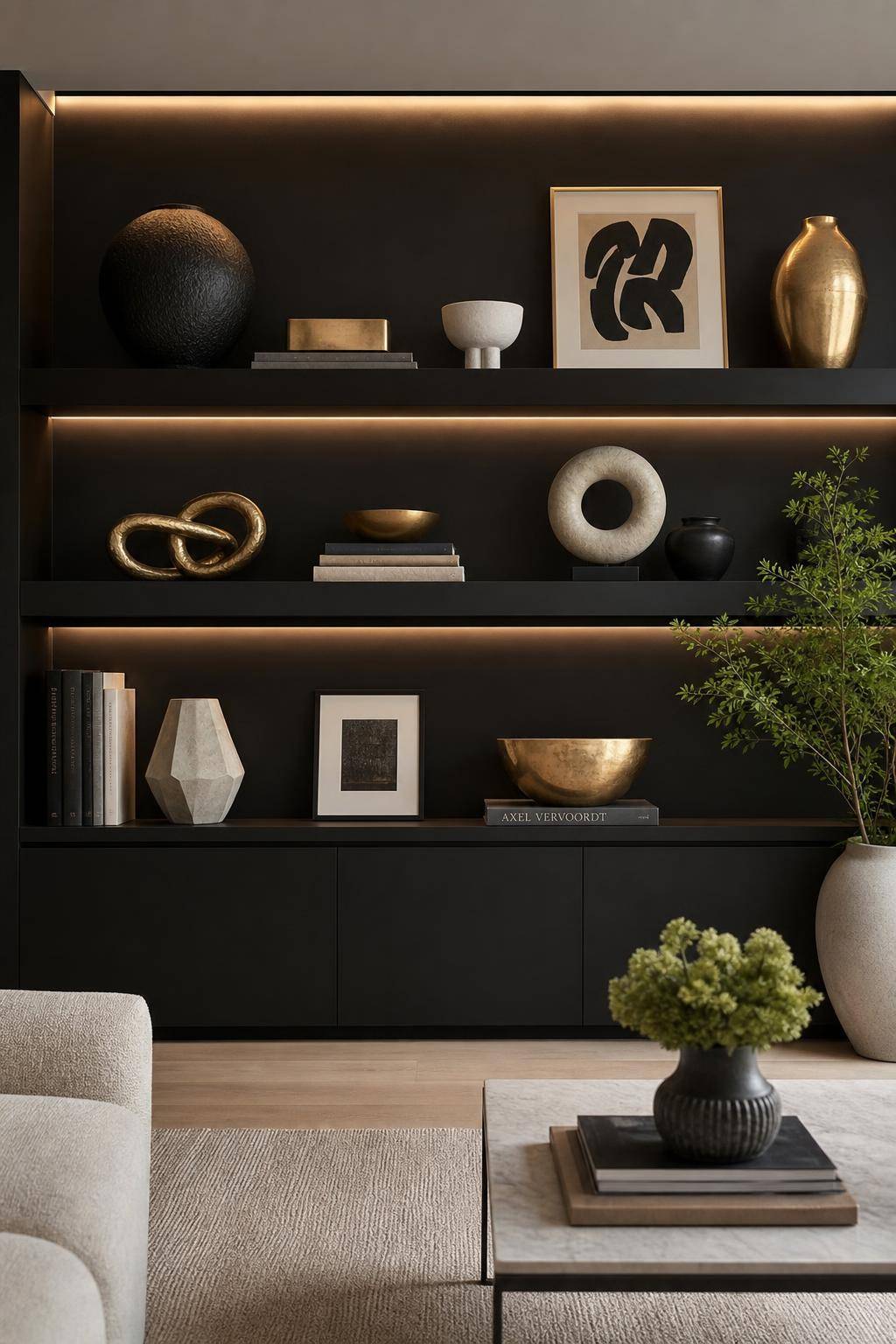 Ideen und Inspiration: Wandfarbe Schwarz- Gestalte Regale vor schwarzer Wand auffällig