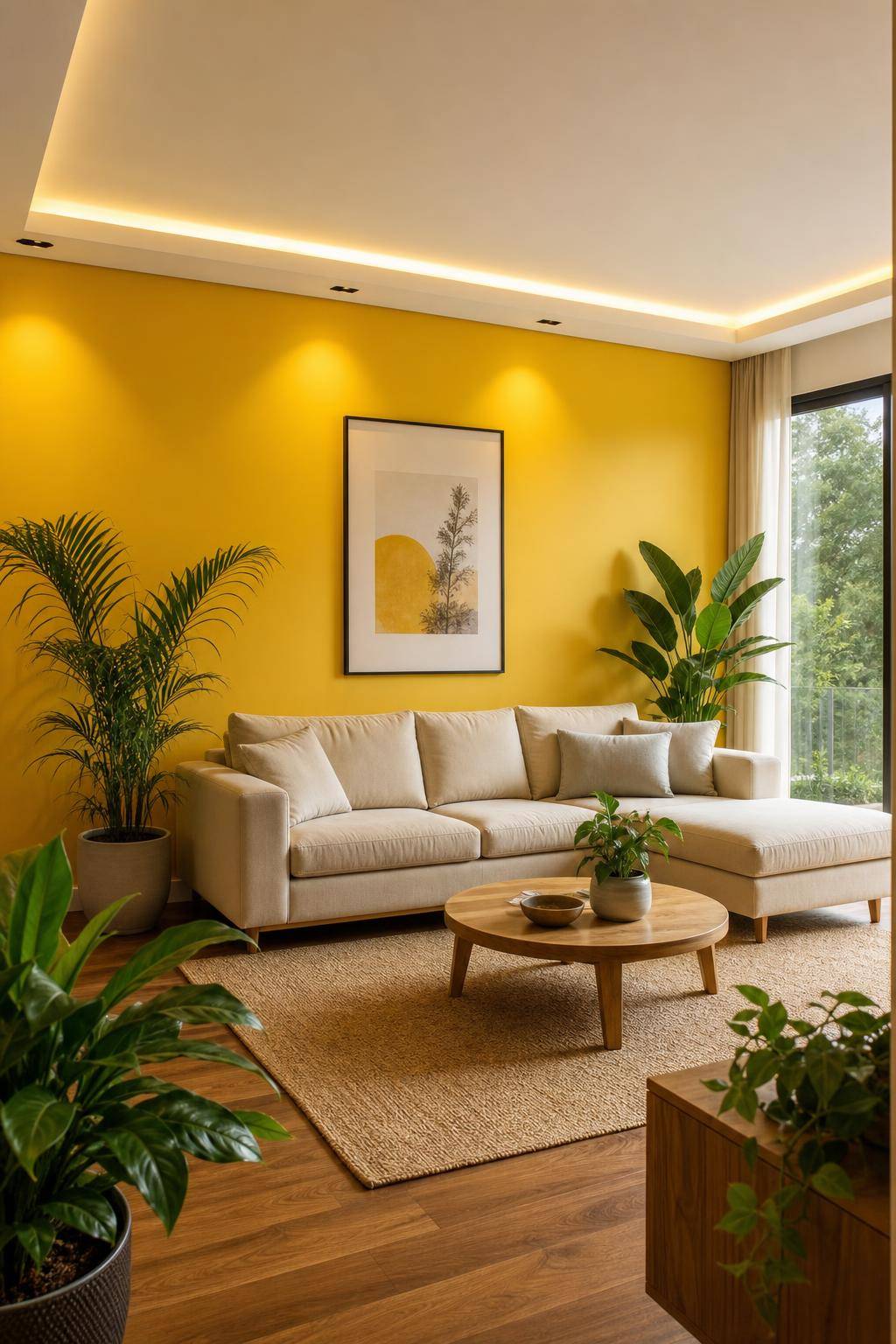Inspiration: Wandfarbe Gelb- Dekoriere mit Pflanzen vor gelber Wand als grüne Highlights