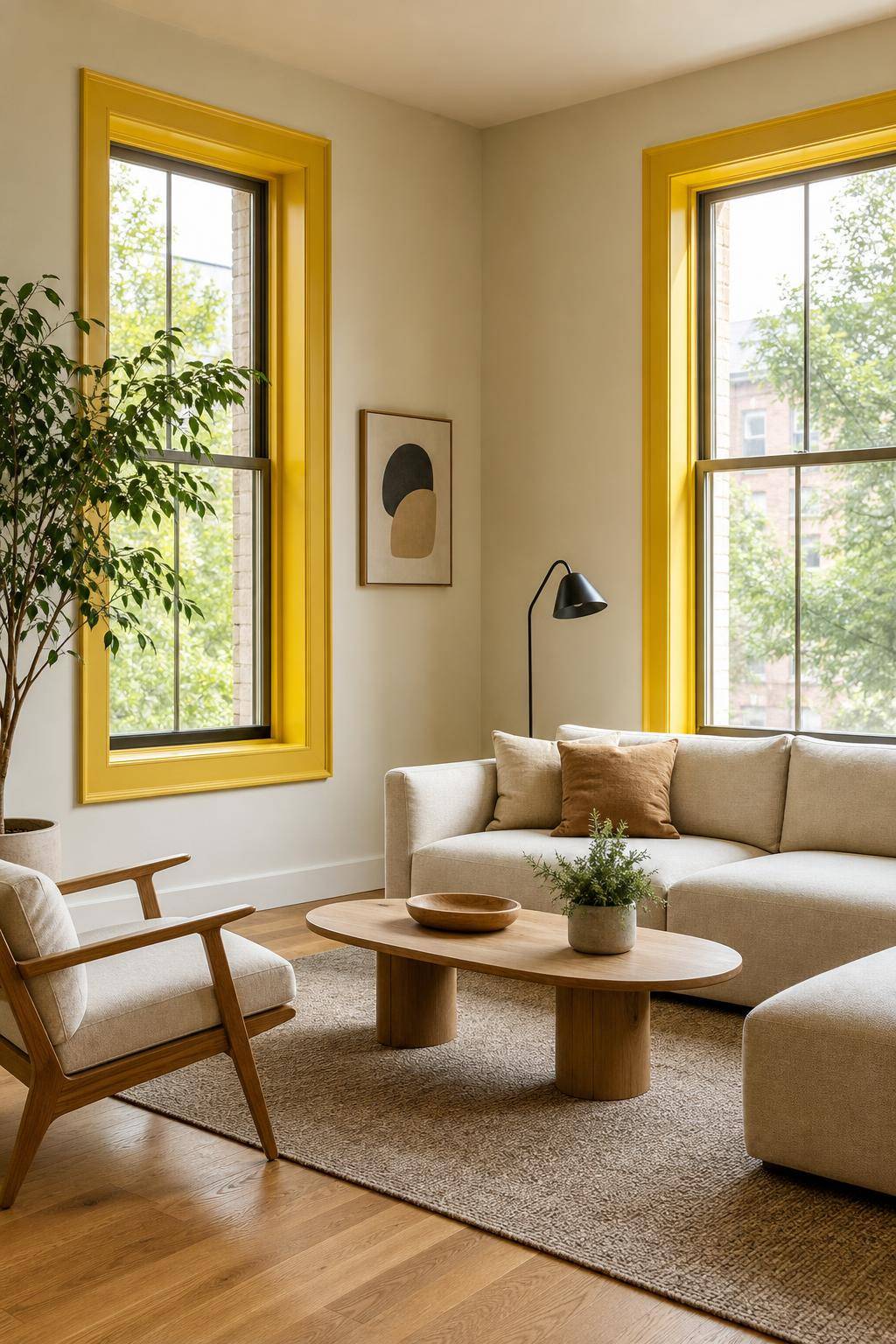 Inspiration: Wandfarbe Gelb- Umrahme Fenster mit gelben Farbtupfern