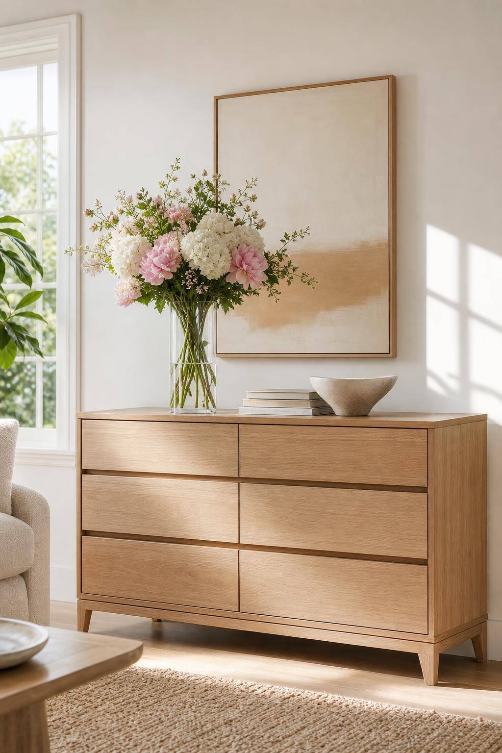 Kommode dekorieren-Stelle frische Blumen in einer Vase auf