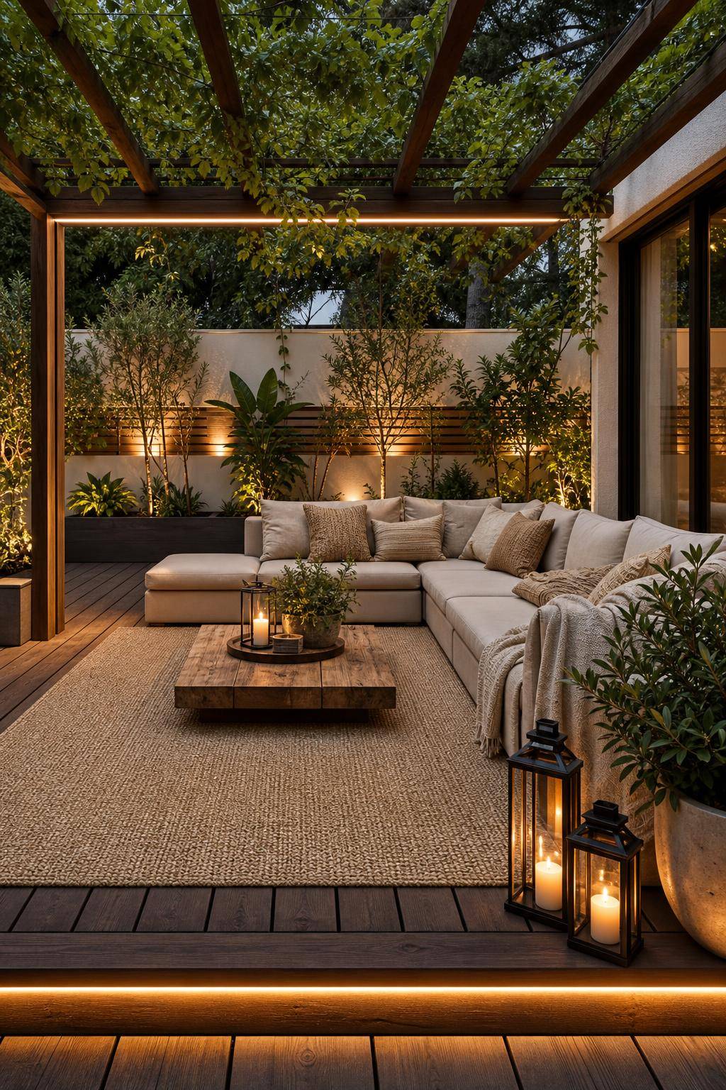 Outdoor-Wohnzimmer gestalten-Integriere wetterfeste Teppiche für Gemütlichkeit