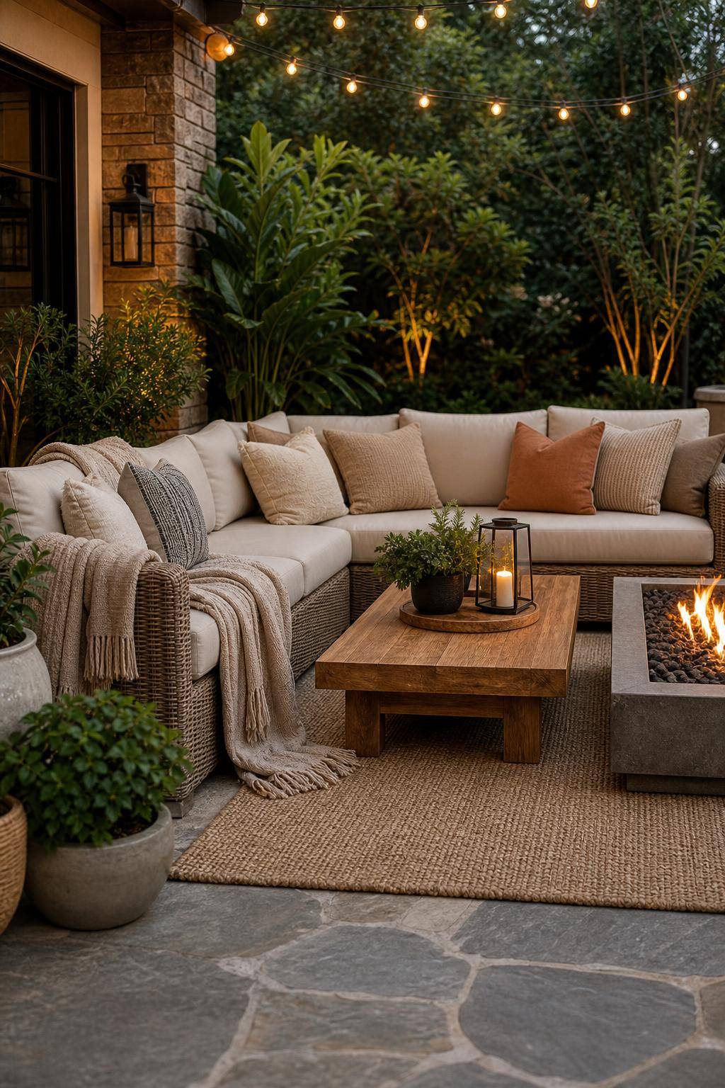 Outdoor-Wohnzimmer gestalten- Dekoriere mit Wurfdecken für Kuscheleffekt