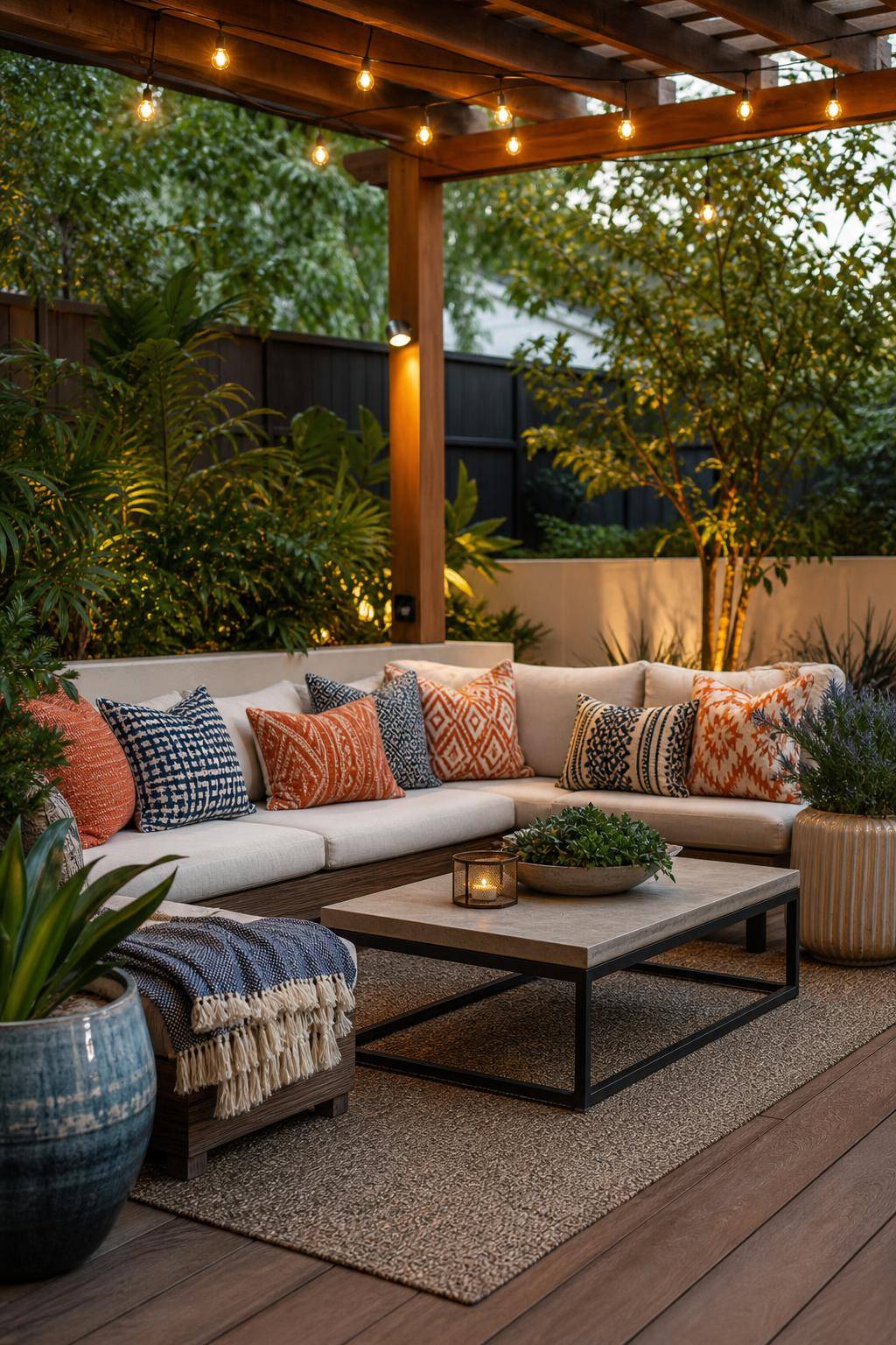 Outdoor-Wohnzimmer gestalten- Entscheide dich für Outdoor-Kissen mit Muster