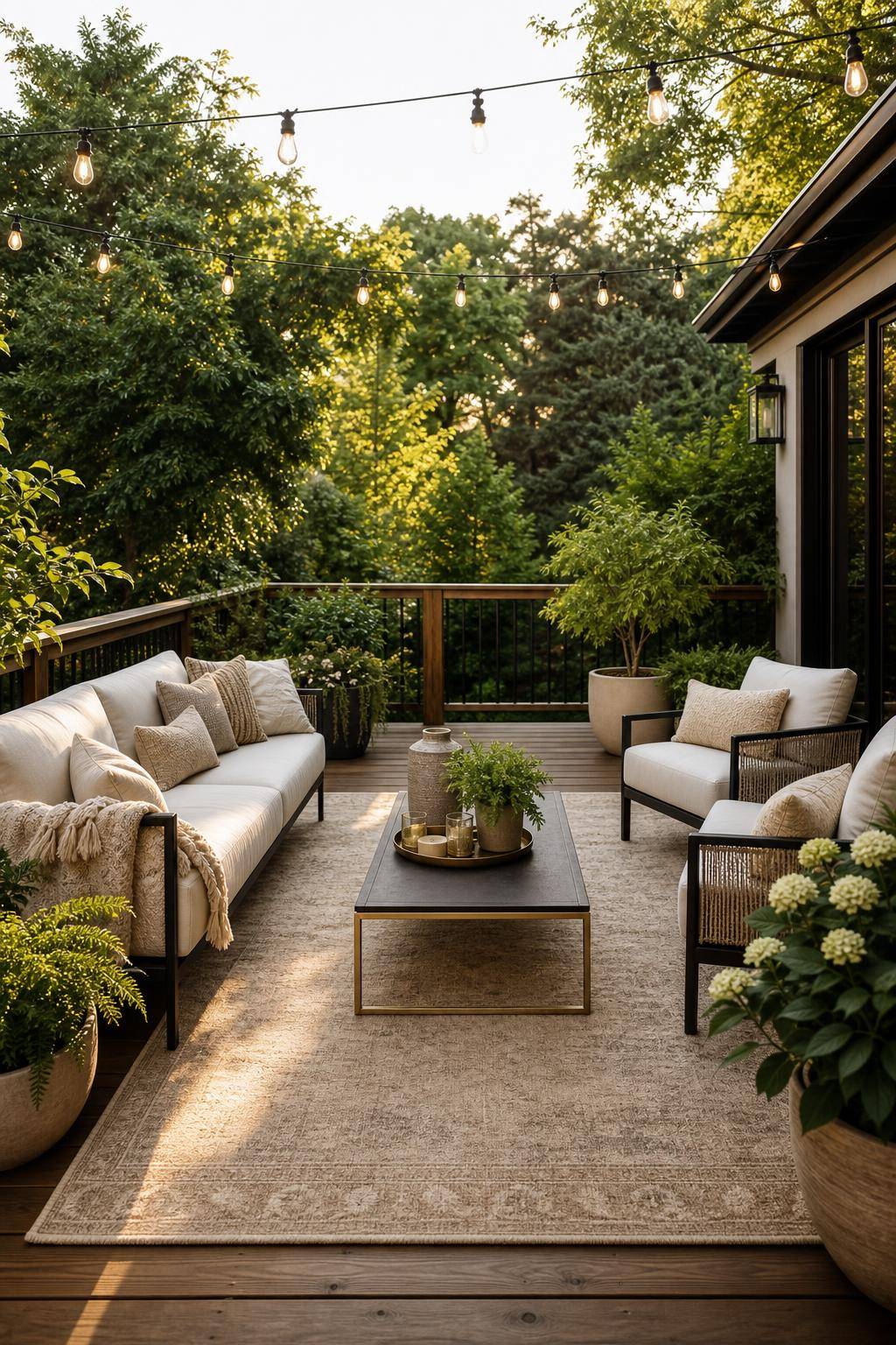 Outdoor-Wohnzimmer gestalten- Ergänze einen Outdoor-Teppich für Wärme
