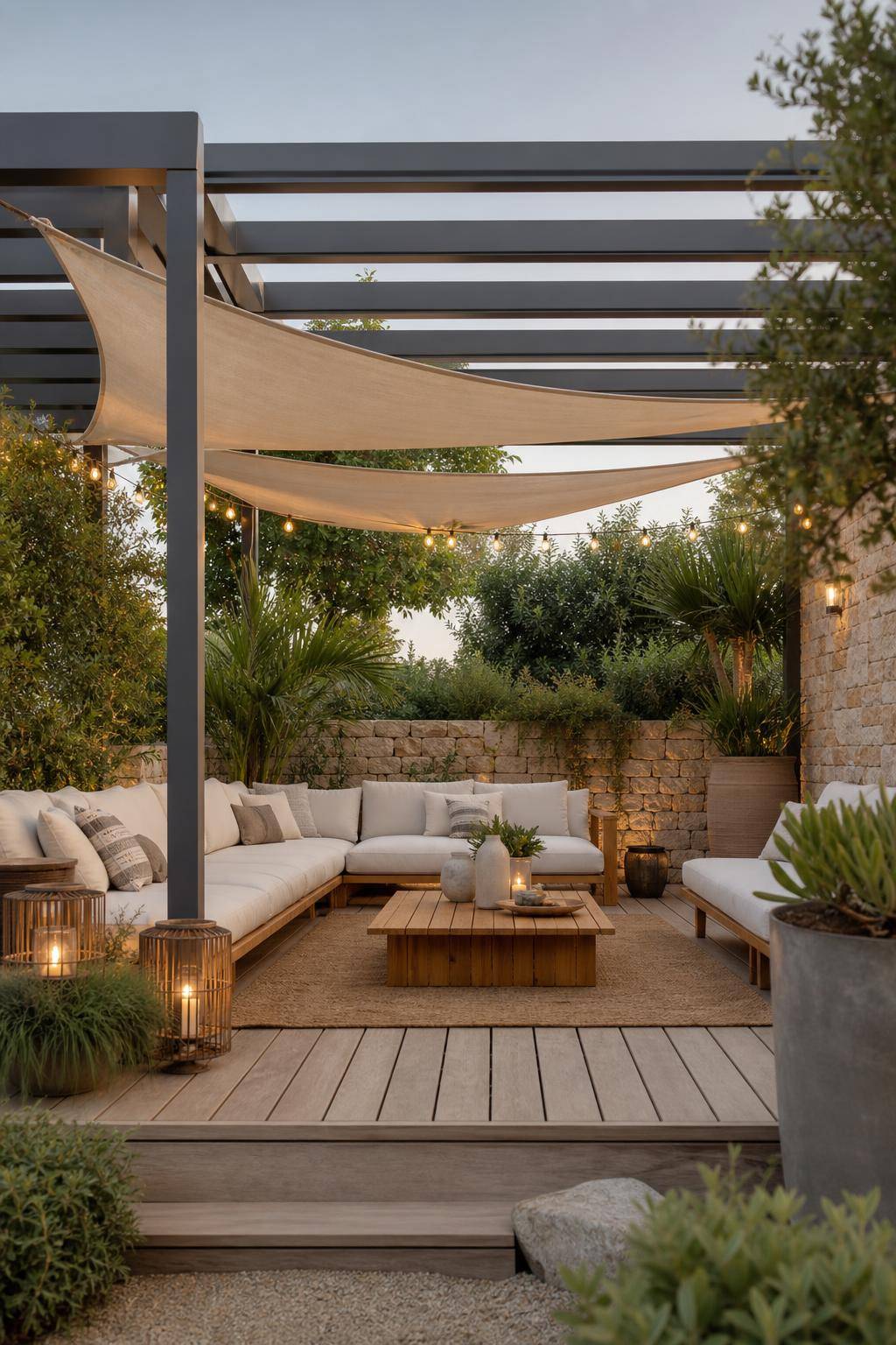 Outdoor-Wohnzimmer gestalten- Schaffe Schatten mit Sonnensegeln oder Pergola