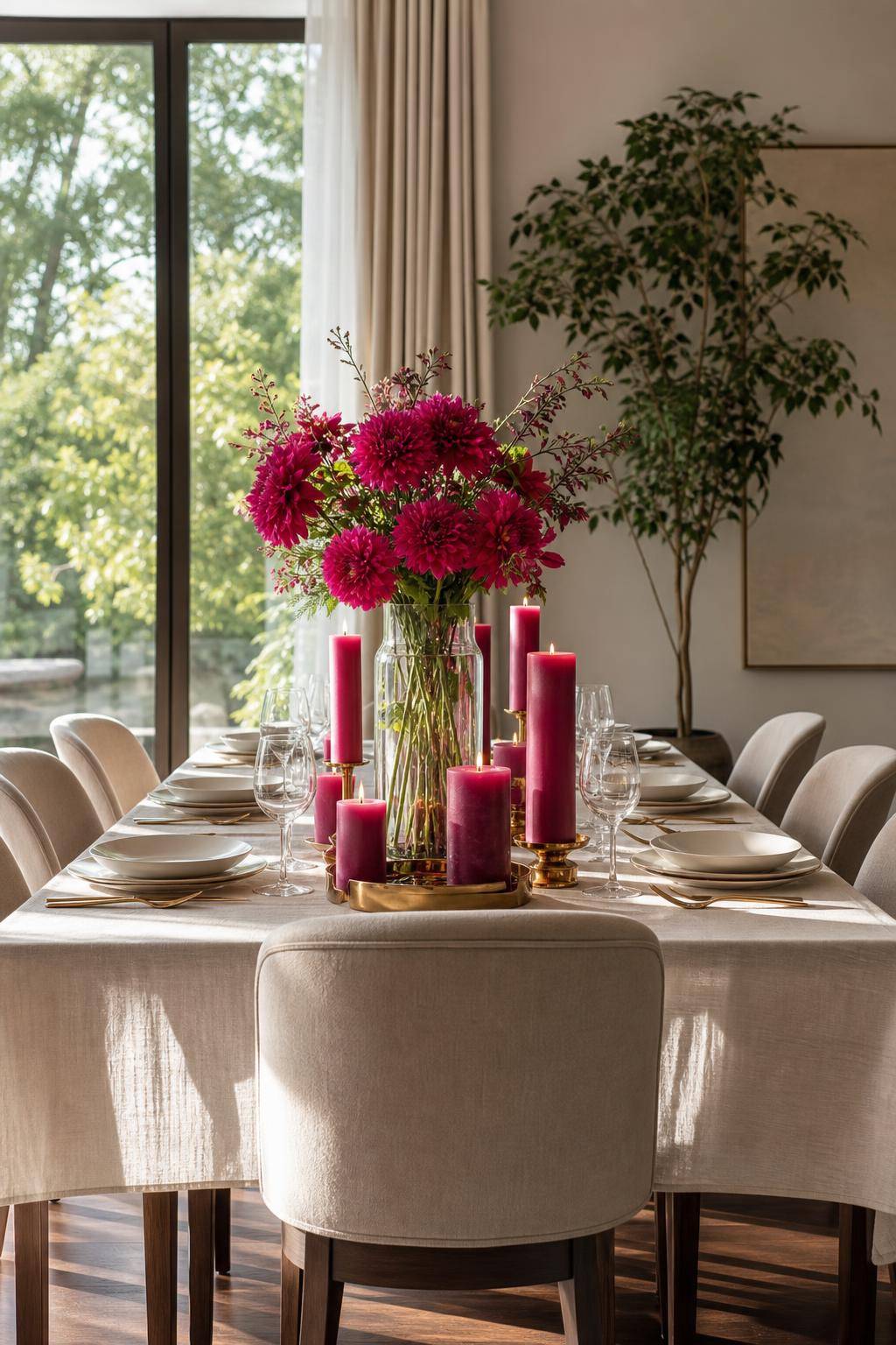 Einrichtungsideen mit der Farbe Fuchsia- Dekoriere den Esstisch mit fuchsiafarbenen Kerzen