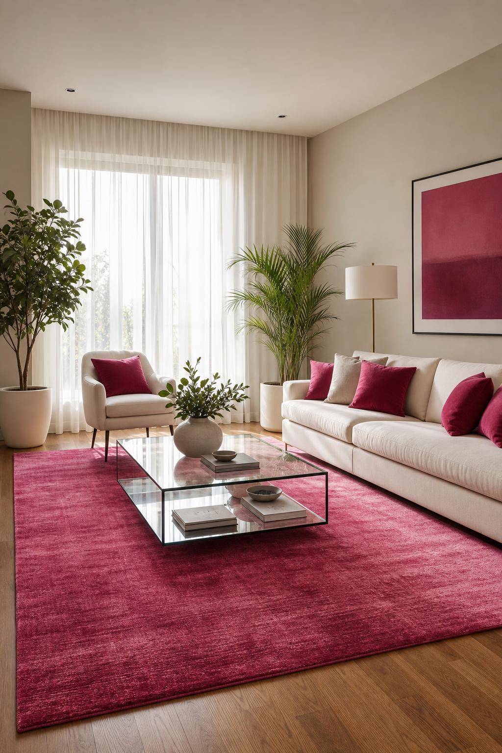 Einrichtungsideen mit der Farbe Fuchsia- Lege einen fuchsiafarbenen Teppich aus
