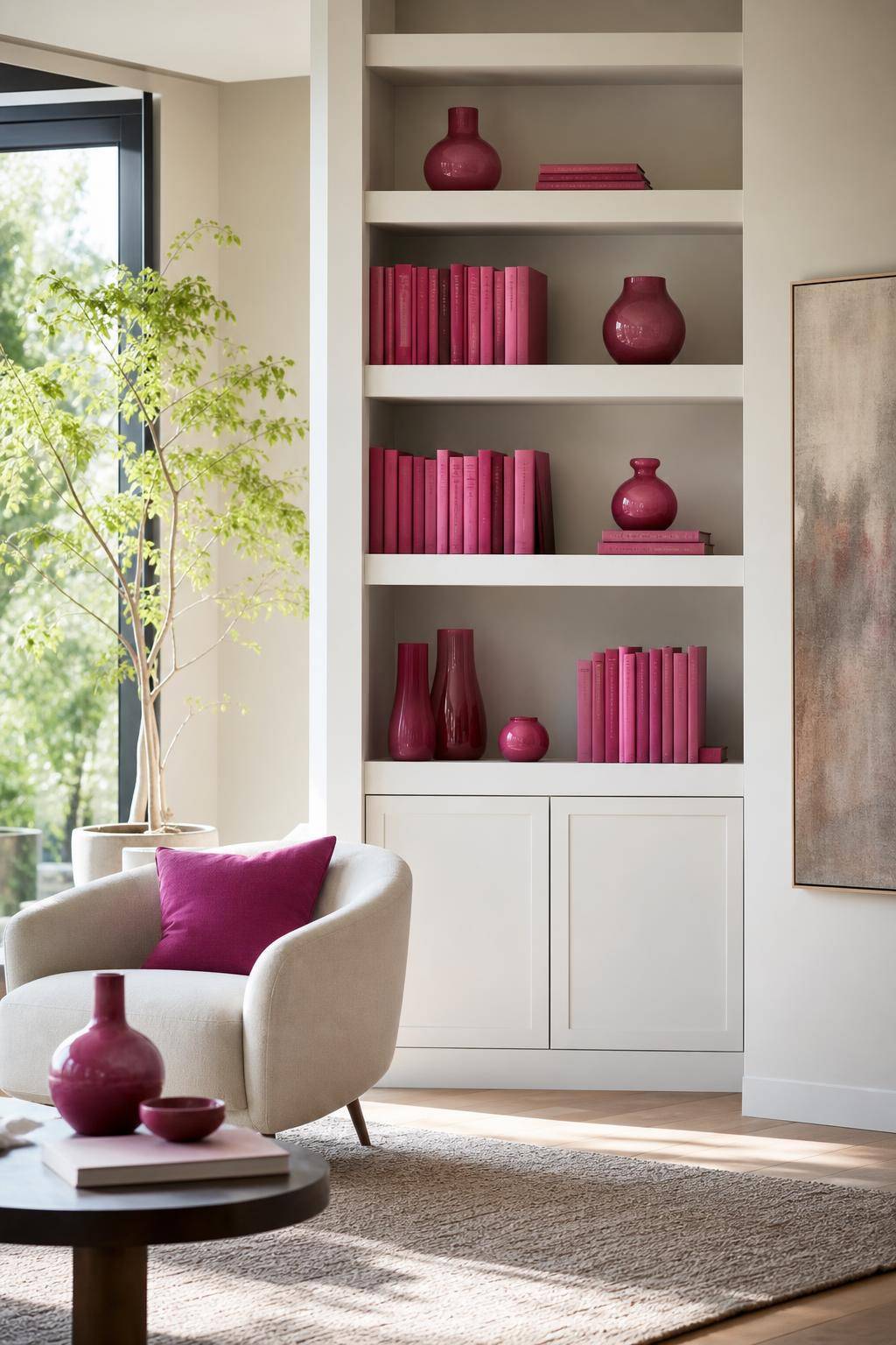 Einrichtungsideen mit der Farbe Fuchsia- Style dein Bücherregal mit fuchsiafarbenen Büchern