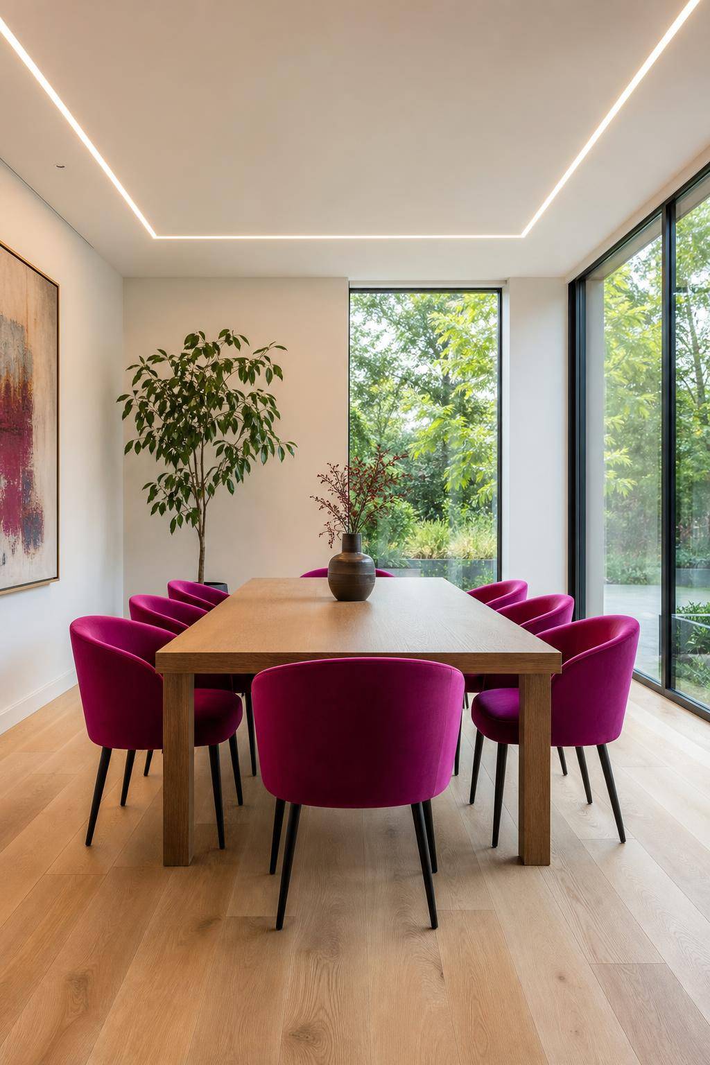 Einrichtungsideen mit der Farbe Fuchsia- Wähle fuchsiafarbene Stühle für das Esszimmer