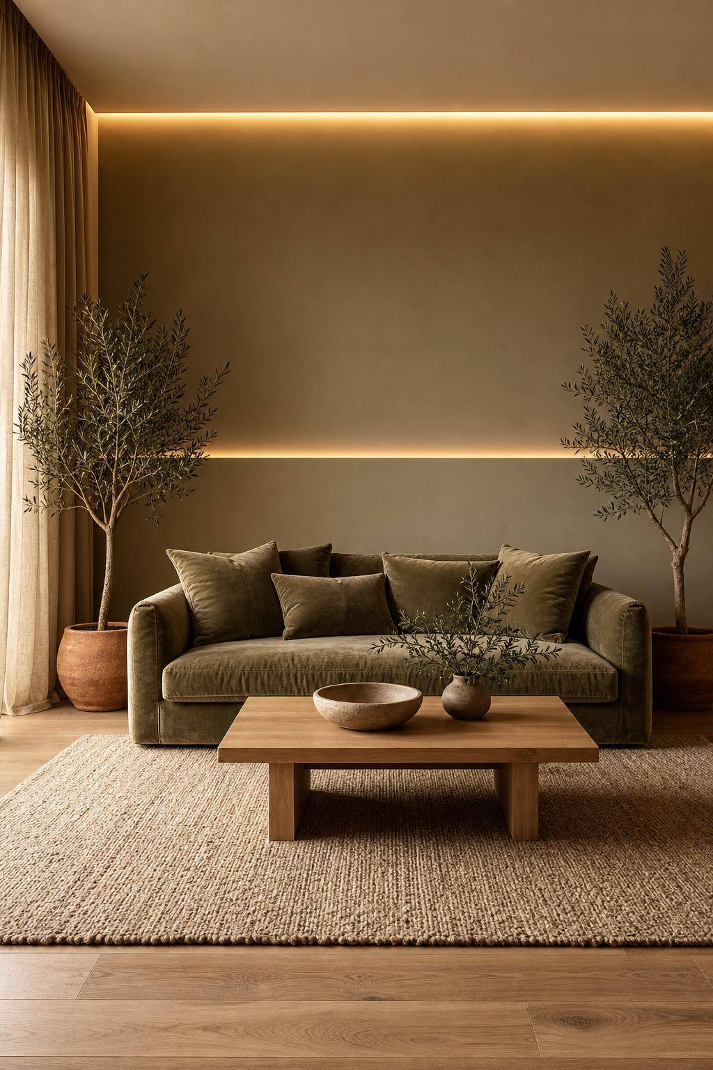 Einrichtungsideen mit der Farbe Khaki- Beleuchte Khaki-Elemente mit warmem Licht