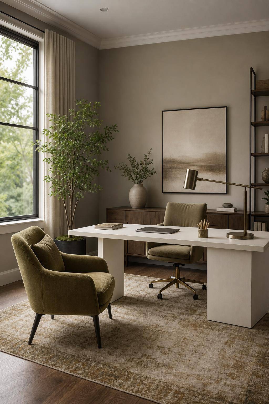 Einrichtungsideen mit der Farbe Khaki- Setze Khaki als Farbtupfer im Büro ein