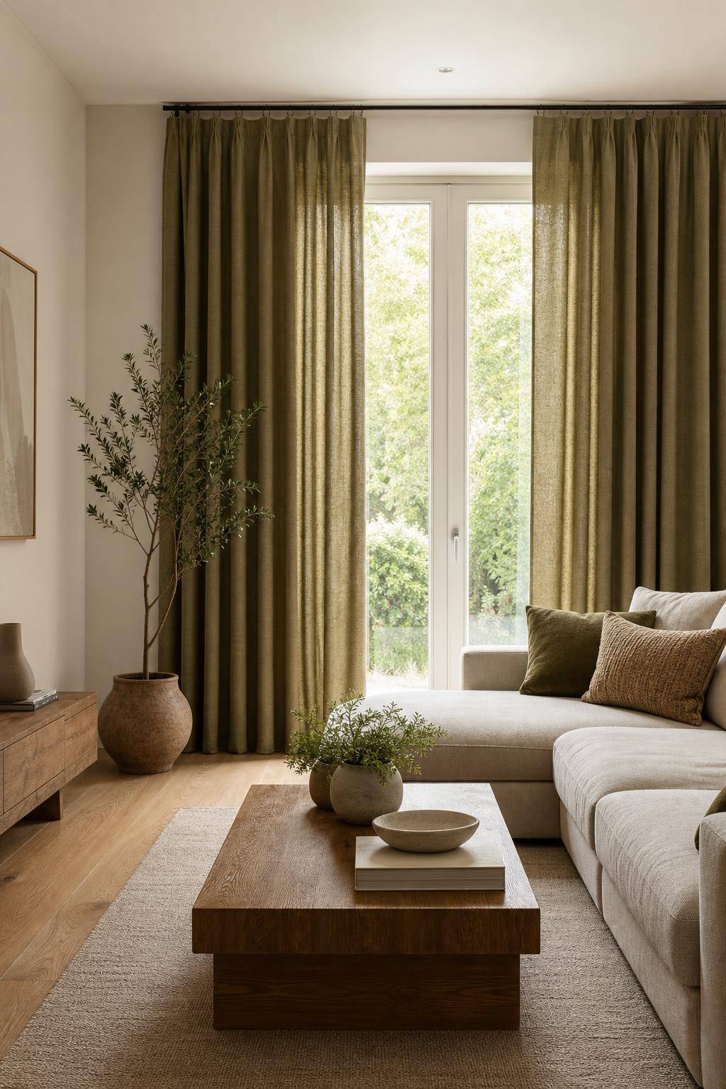 Einrichtungsideen mit der Farbe Khaki- Wähle khakifarbene Vorhänge für Wärme