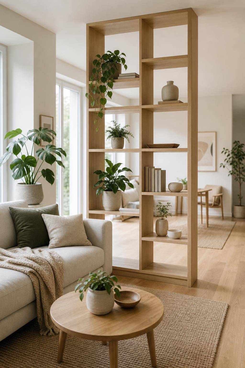 Einrichtungsideen mit hellem Holz- Platziere ein helles Holzregal als Raumteiler