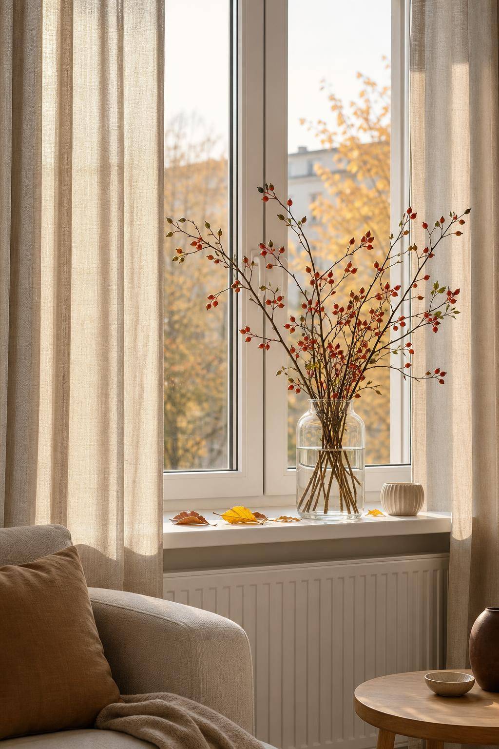 Herbstdeko-Ideen- Dekoriere deine Fensterbank mit Hagebuttenzweigen