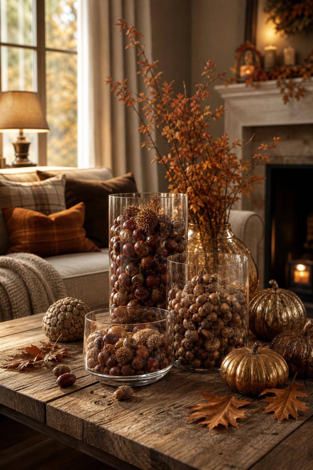Herbstdeko-Ideen- Fülle Glasvasen mit Kastanien und Eicheln