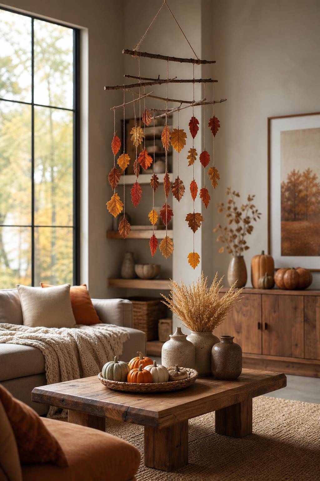 Herbstdeko-Ideen- Kreiere ein herbstliches Mobile aus Zweigen und Blättern
