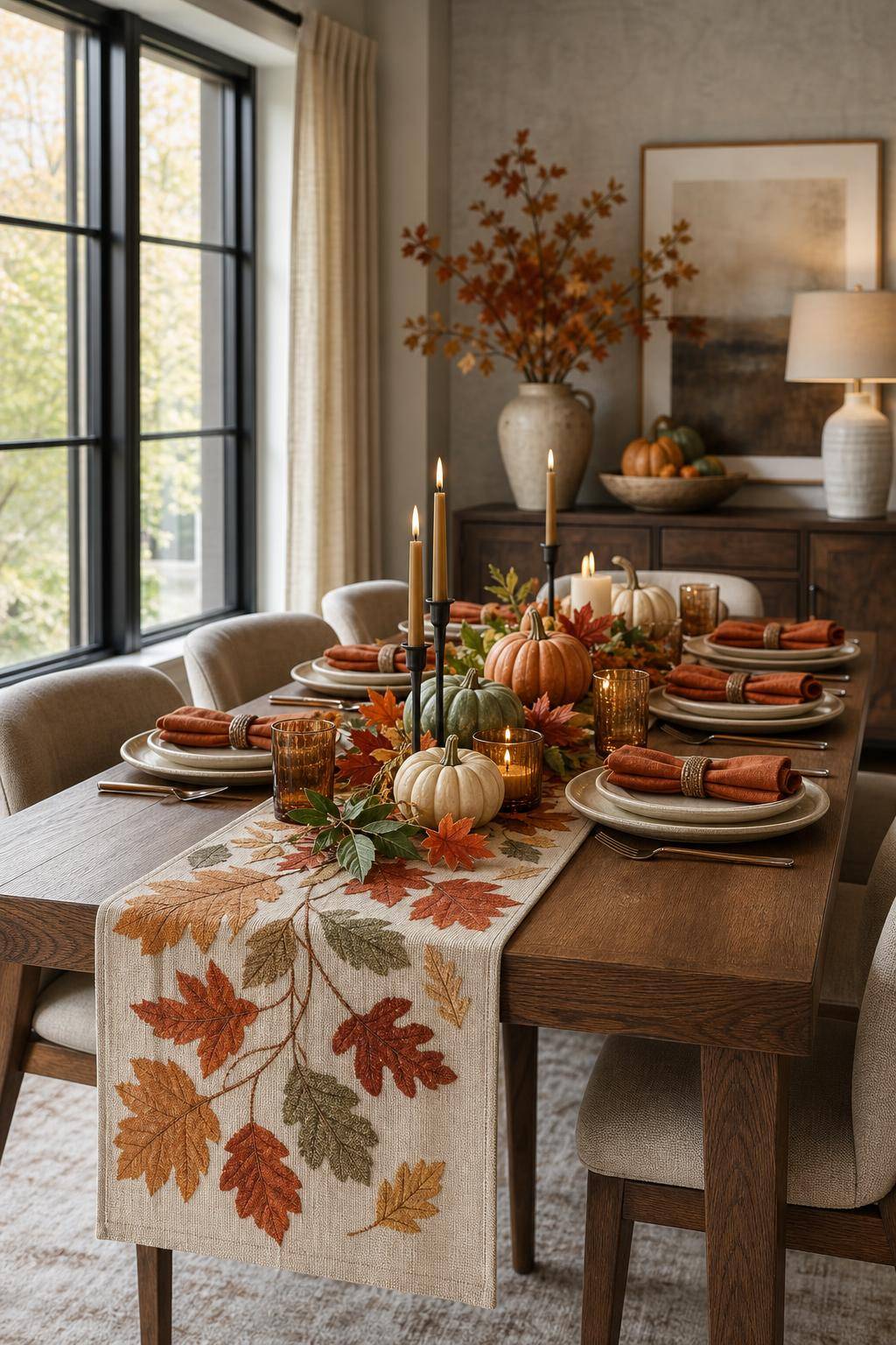 Herbstdeko-Ideen- Nutze Tischläufer mit Blättermotiven im Esszimmer