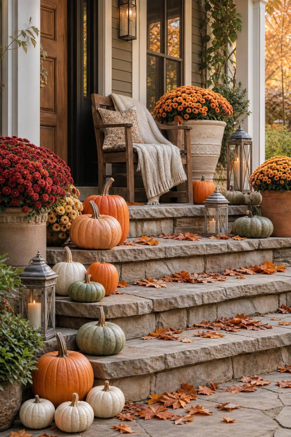 Herbstdeko-Ideen- Ordne Zierkürbisse auf Treppenstufen an