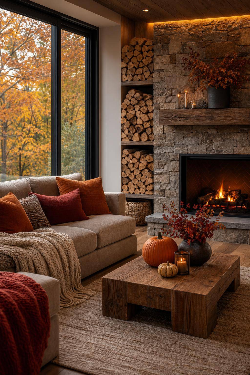 Herbstdeko-Ideen- Staple Holzscheite dekorativ neben dem Kamin