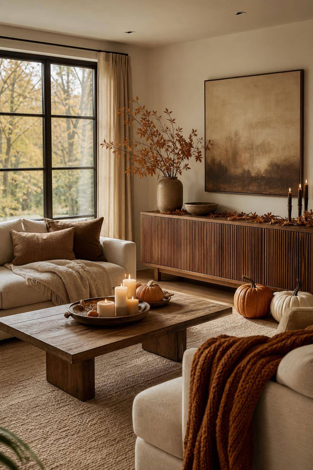 Herbstdeko-Ideen- Streue getrocknete Blätter auf Sideboards aus