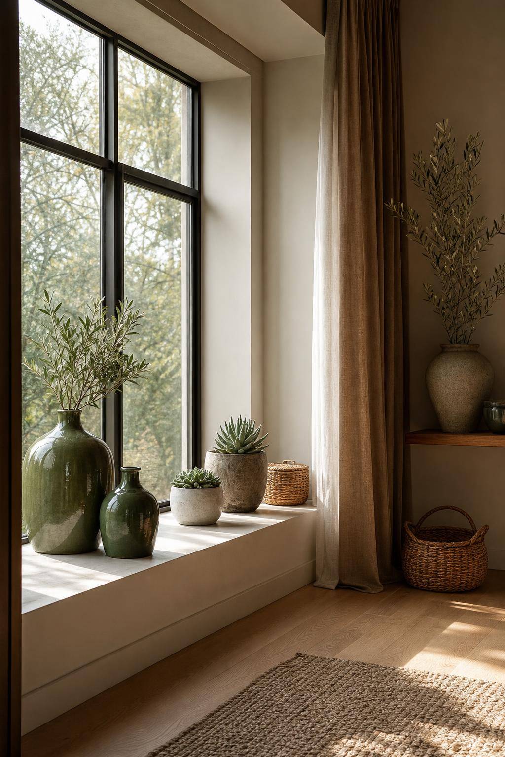Inspiration: dekorieren mit Erdtönen- Betone Fensterbänke mit Moosgrüner Deko