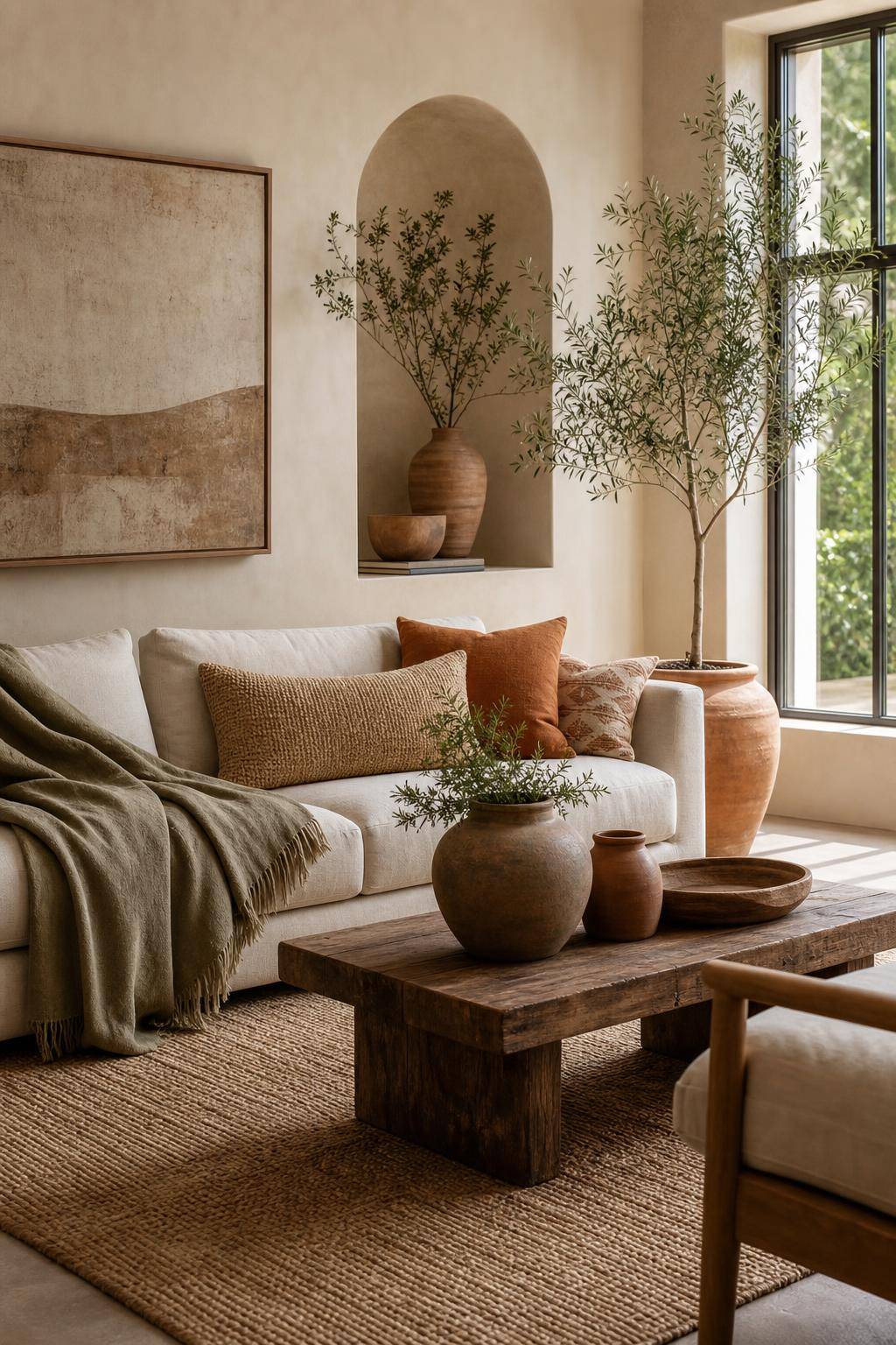 Inspiration: dekorieren mit Erdtönen- Ergänze deine Couch mit khakifarbenen Decken
