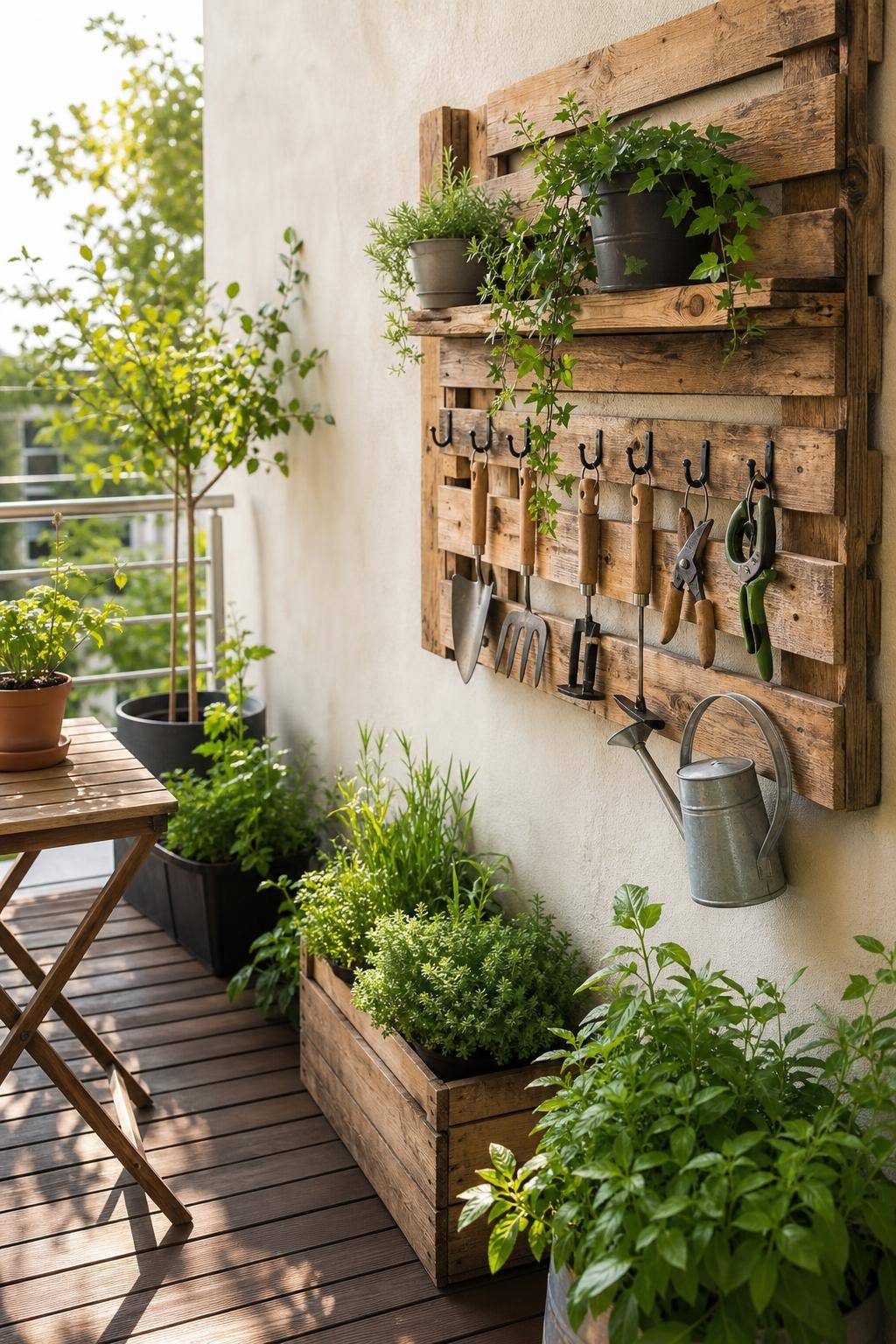 Palettenmöbel-Ideen: Garten und Balkon- Befestige Haken an Paletten für Gartengeräte