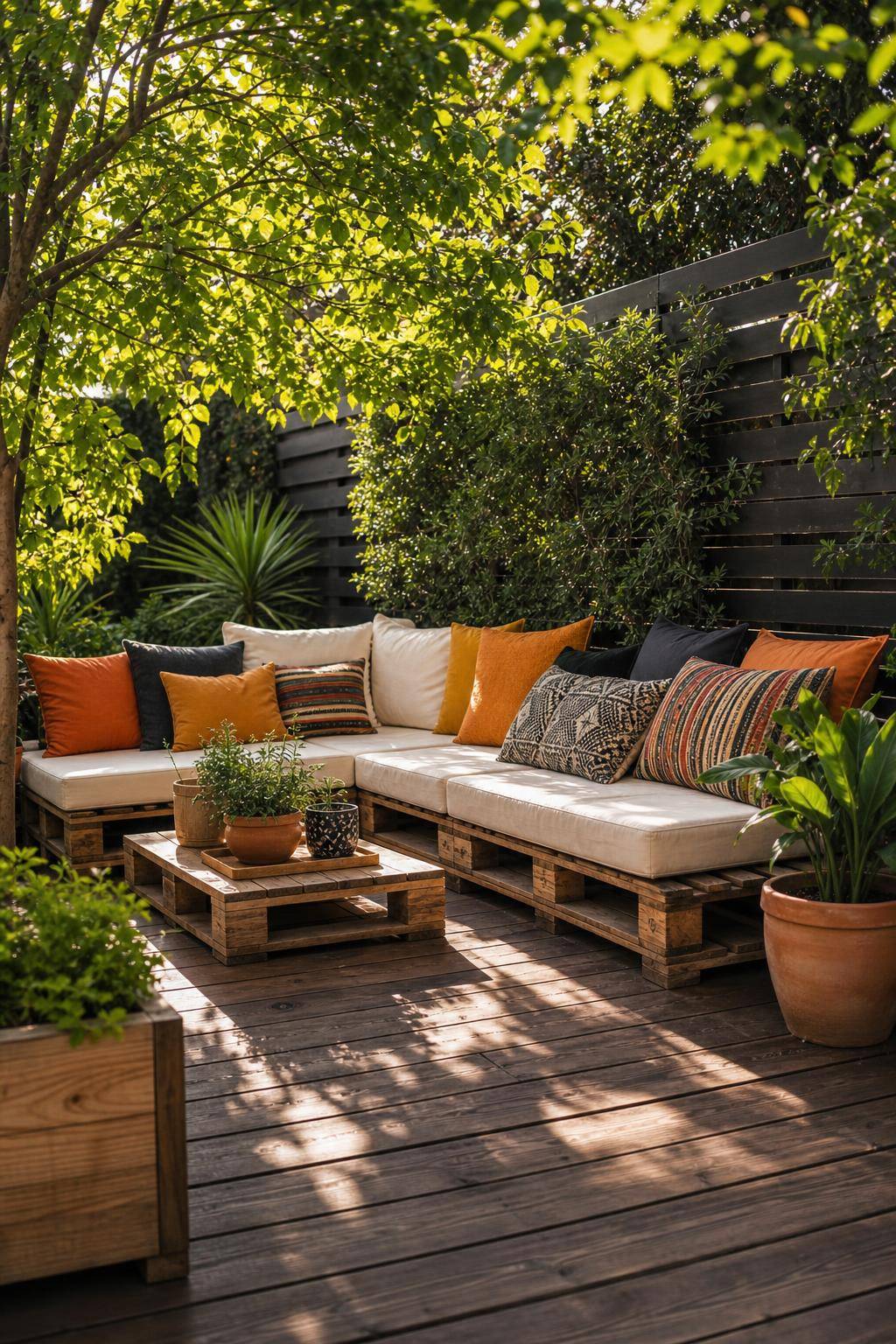 Palettenmöbel-Ideen: Garten und Balkon- Polstere deinen Palettensitz mit bunten Kissen