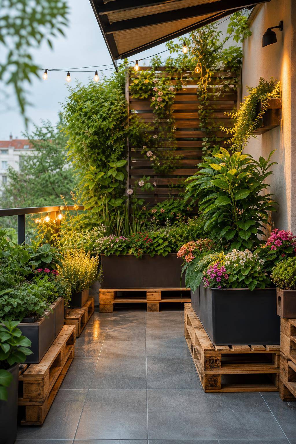 Palettenmöbel-Ideen: Garten und Balkon- Verwende Paletten als Unterlage für Pflanzkübel