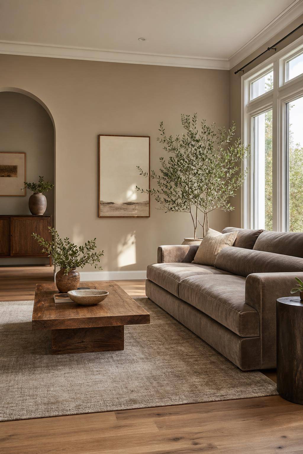 Tolle Ideen: Mit der Farbe Taupe einrichten-Kombiniere Taupe mit warmem Holz