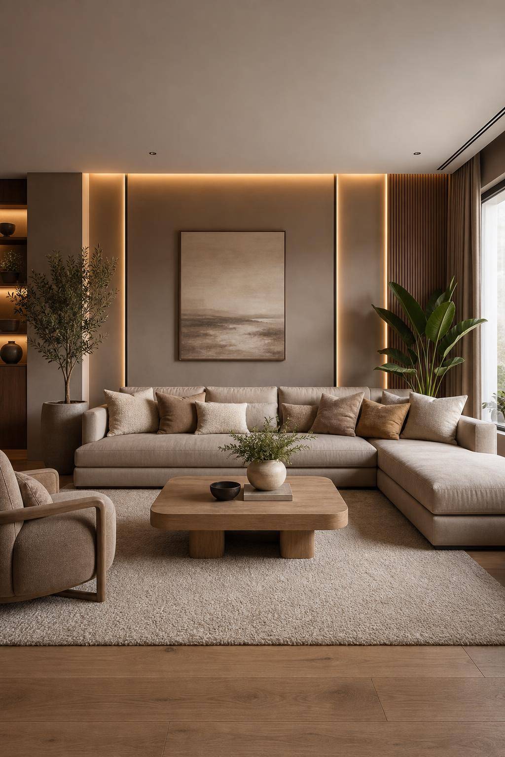 Tolle Ideen: Mit der Farbe Taupe einrichten- Beleuchte taupefarbene Wände mit sanftem Licht