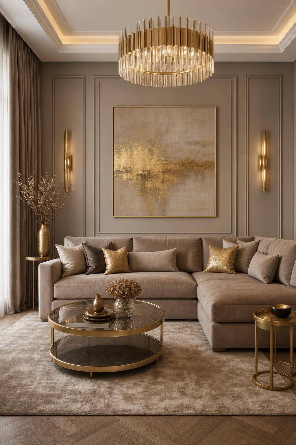 Tolle Ideen: Mit der Farbe Taupe einrichten- Betone Taupe mit goldenen Accessoires