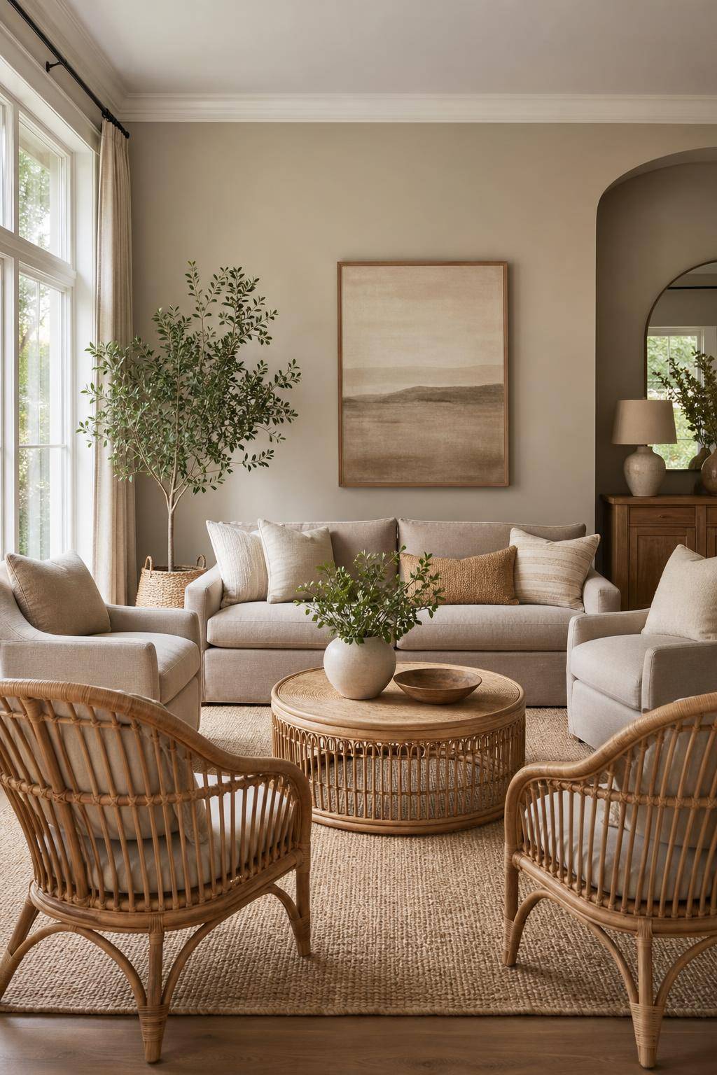 Tolle Ideen: Mit der Farbe Taupe einrichten- Ergänze taupefarbenes Mobiliar mit Rattan-Elementen