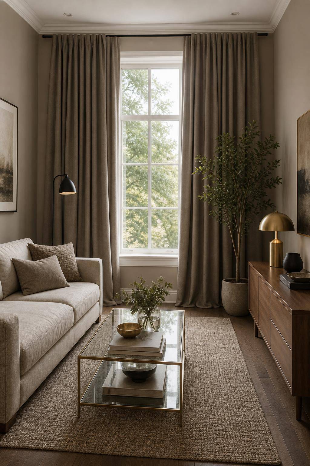 Tolle Ideen: Mit der Farbe Taupe einrichten- Integriere taupefarbene Vorhänge in dein Zimmer
