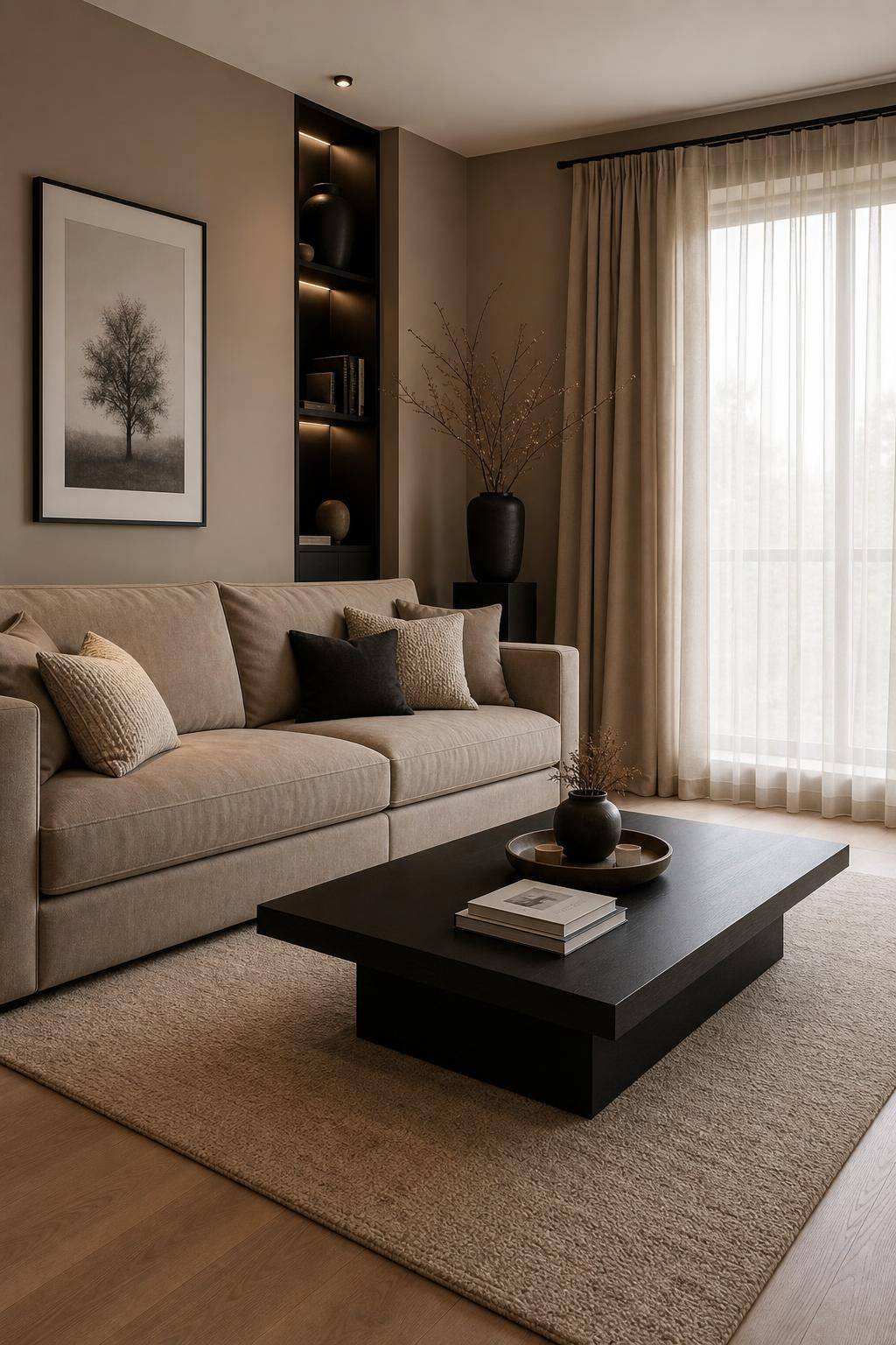Tolle Ideen: Mit der Farbe Taupe einrichten- Kreiere Kontraste mit schwarzen oder weißen Dekoartikeln
