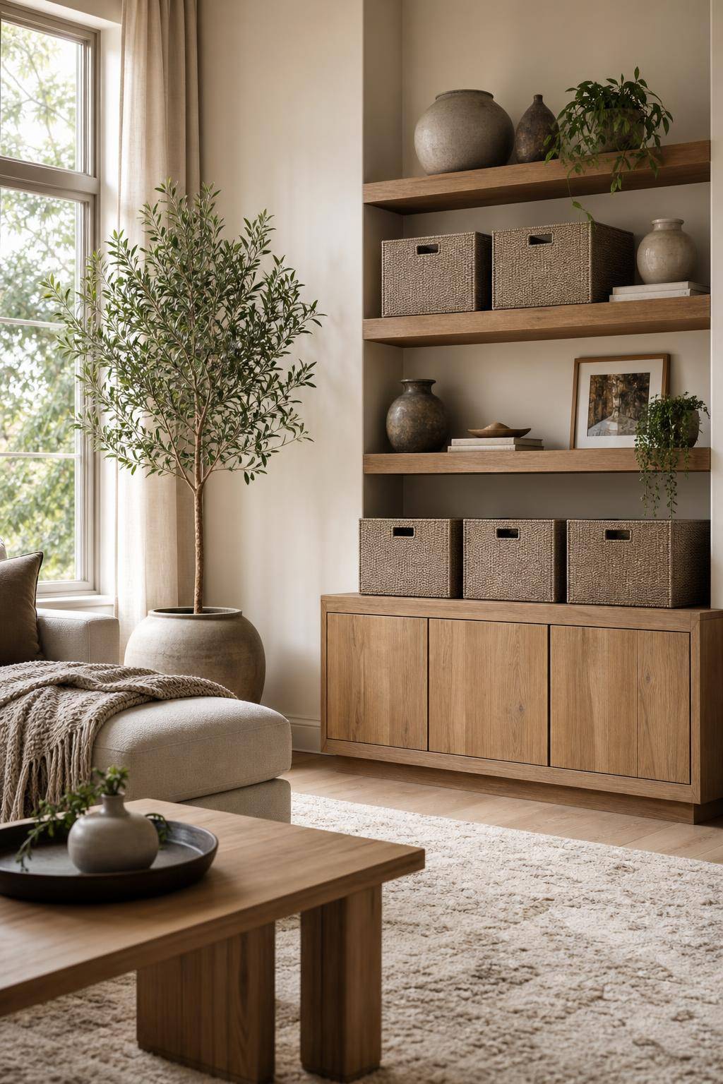 Tolle Ideen: Mit der Farbe Taupe einrichten- Veredle Regale mit taupefarbenen Körben