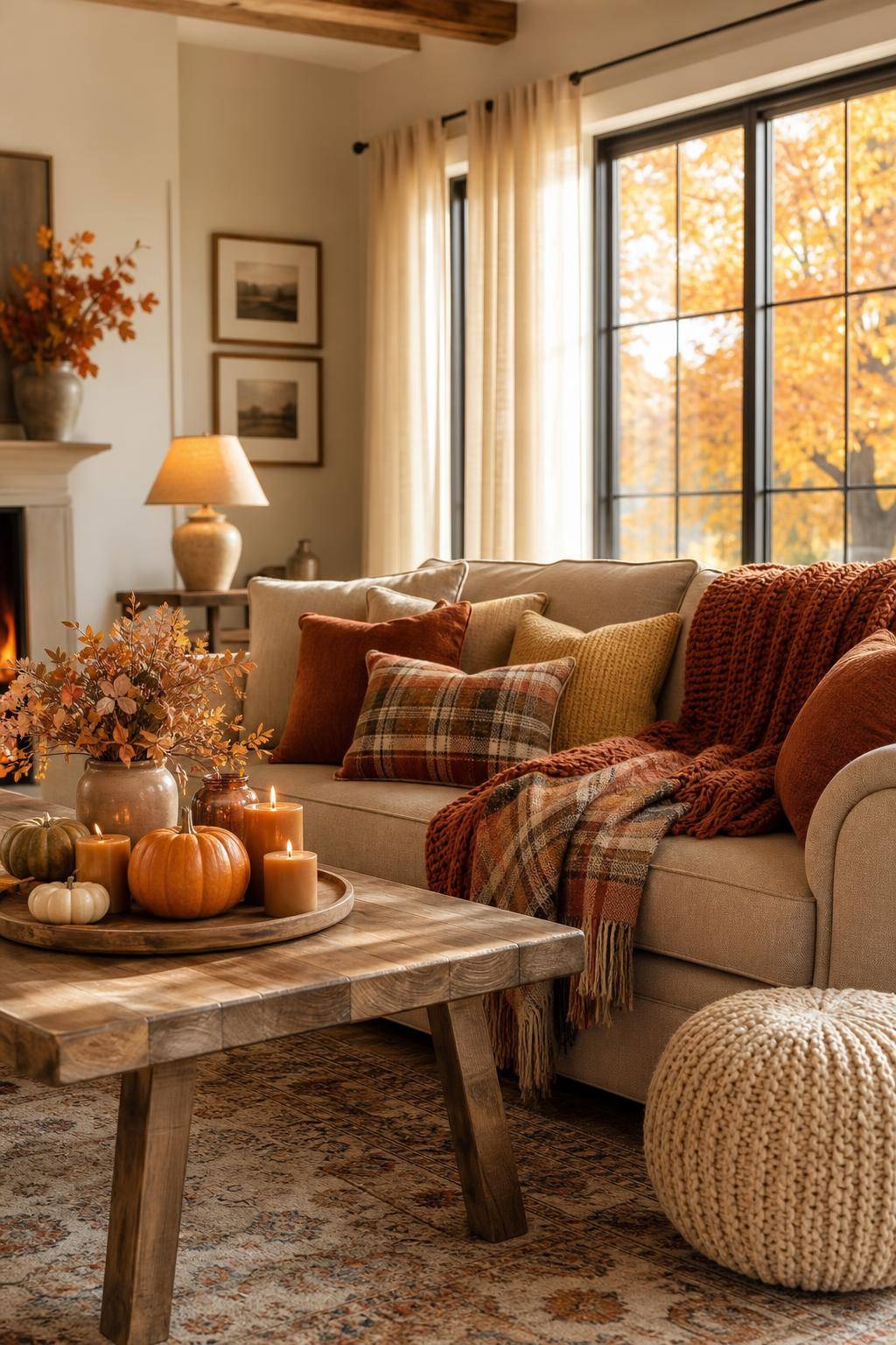 Wohnzimmer herbstlich dekorieren-Kombiniere kuschelige Decken in warmen Tönen
