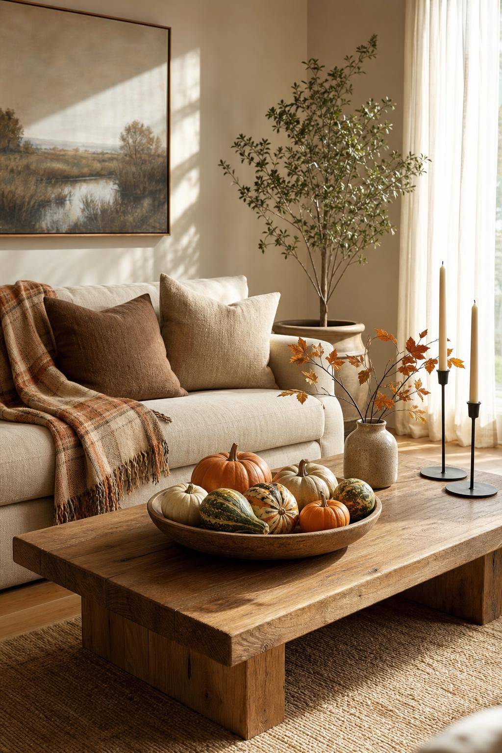 Wohnzimmer herbstlich dekorieren- Arrangiere Zierkürbisse auf dem Couchtisch