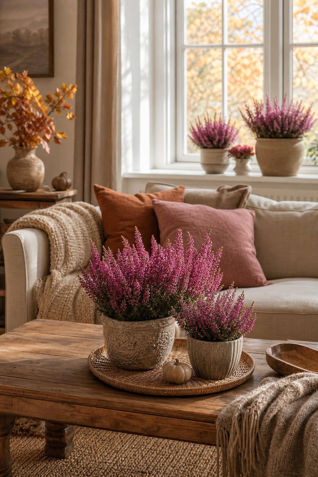 Wohnzimmer herbstlich dekorieren- Bepflanze Pflanzgefäße mit Heidekraut
