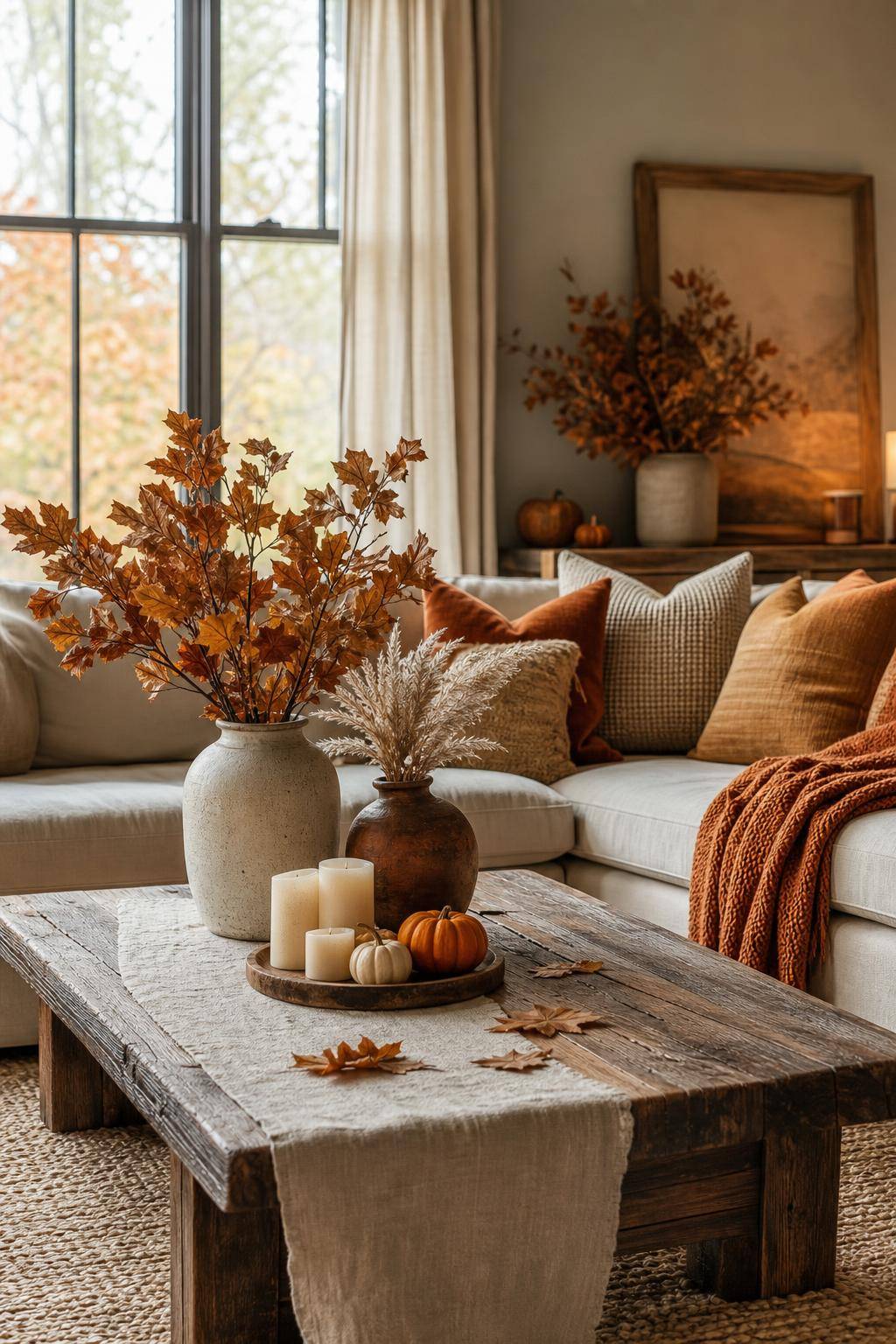 Wohnzimmer herbstlich dekorieren- Bring Tischläufer aus grobem Leinen an