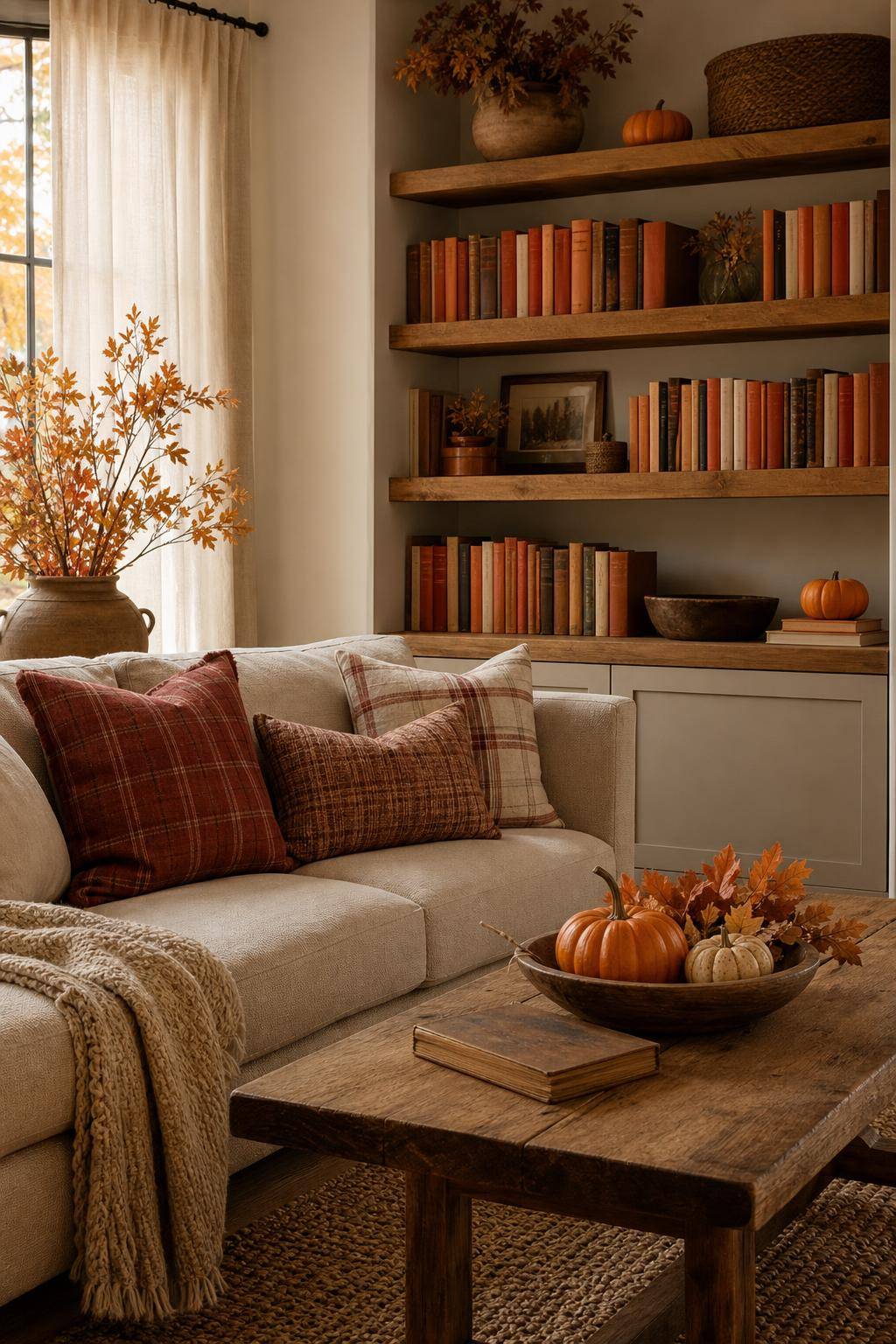 Wohnzimmer herbstlich dekorieren- Präsentiere Bücher mit herbstlichen Covern im Regal
