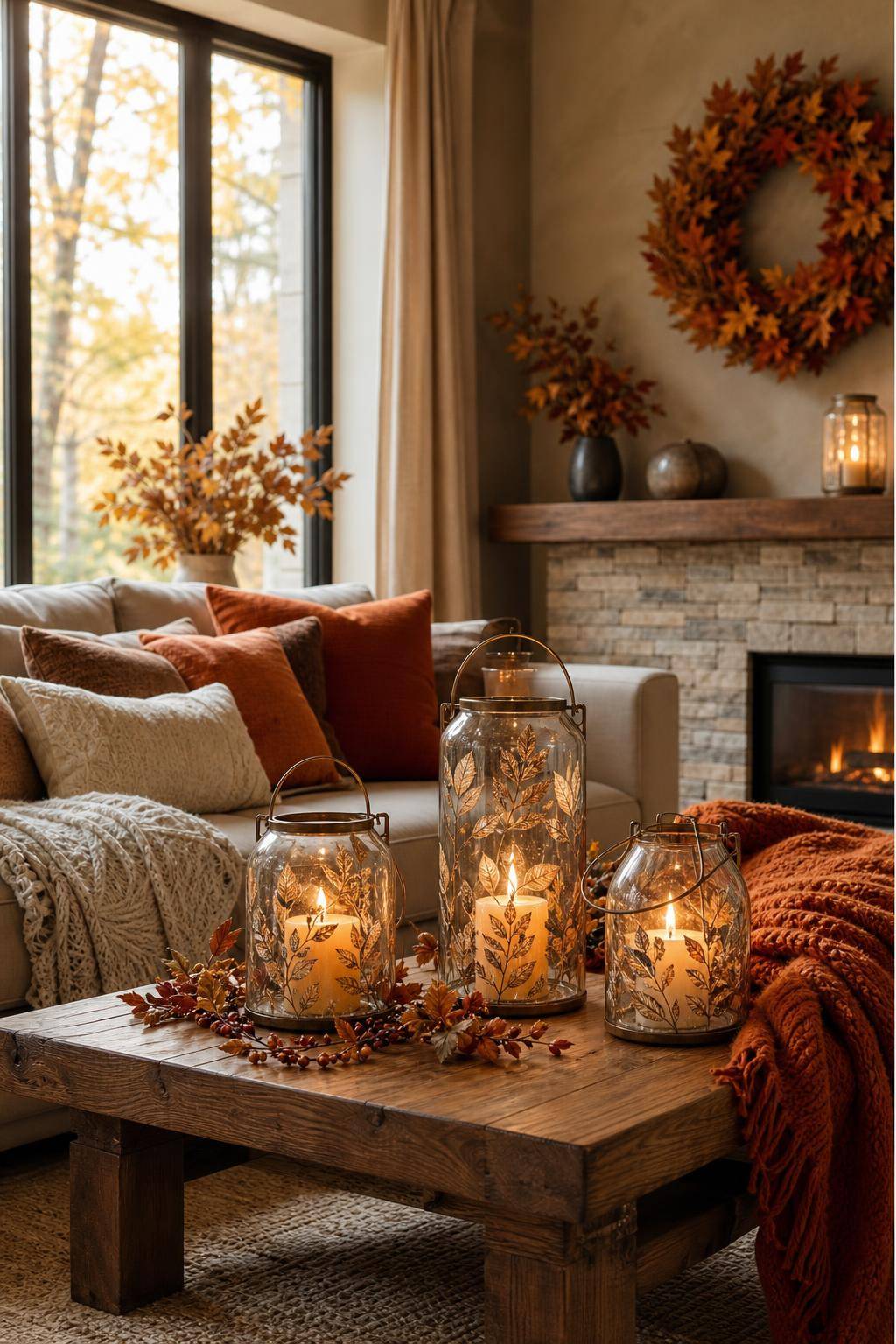 Wohnzimmer herbstlich dekorieren- Stelle Windlichter mit Blättermotiven auf